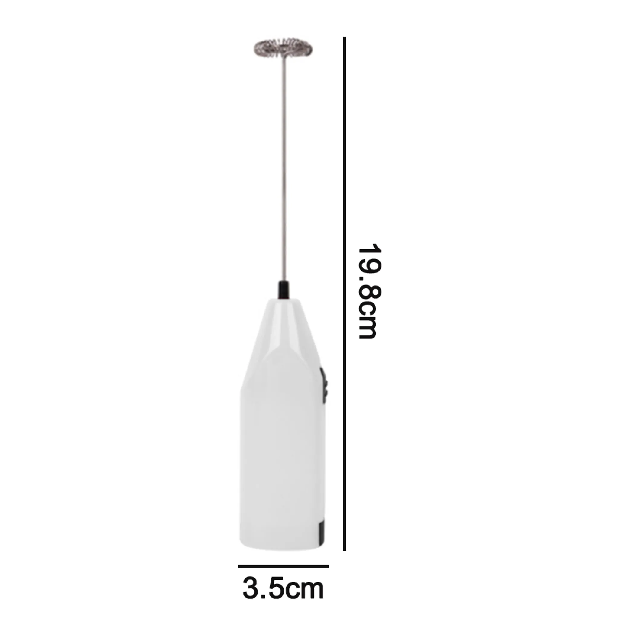 Ein weißer Milchaufschäumer mit einem silbernen Schneebesen. Abmessungen sind 19,8 cm Höhe und 3,5 cm Breite. Schwarzer Schalter ist sichtbar.