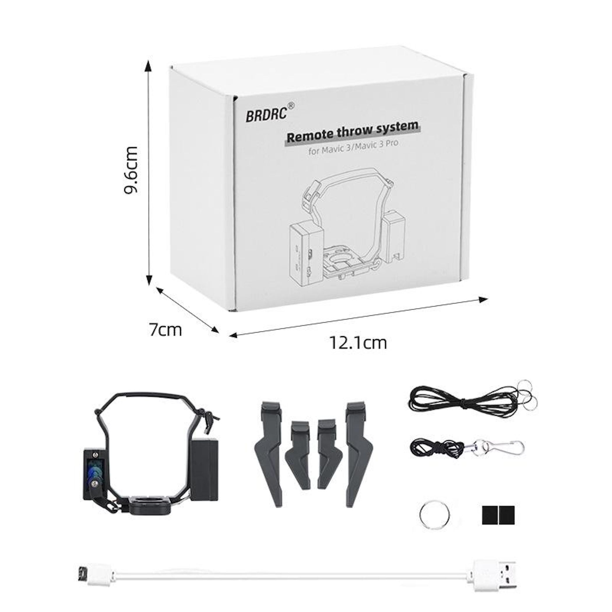 Eine weiße Schachtel mit der Aufschrift 'BRDRC Remote throw system'. Darunter Drohnenteile und Zubehör mit Maßangaben.