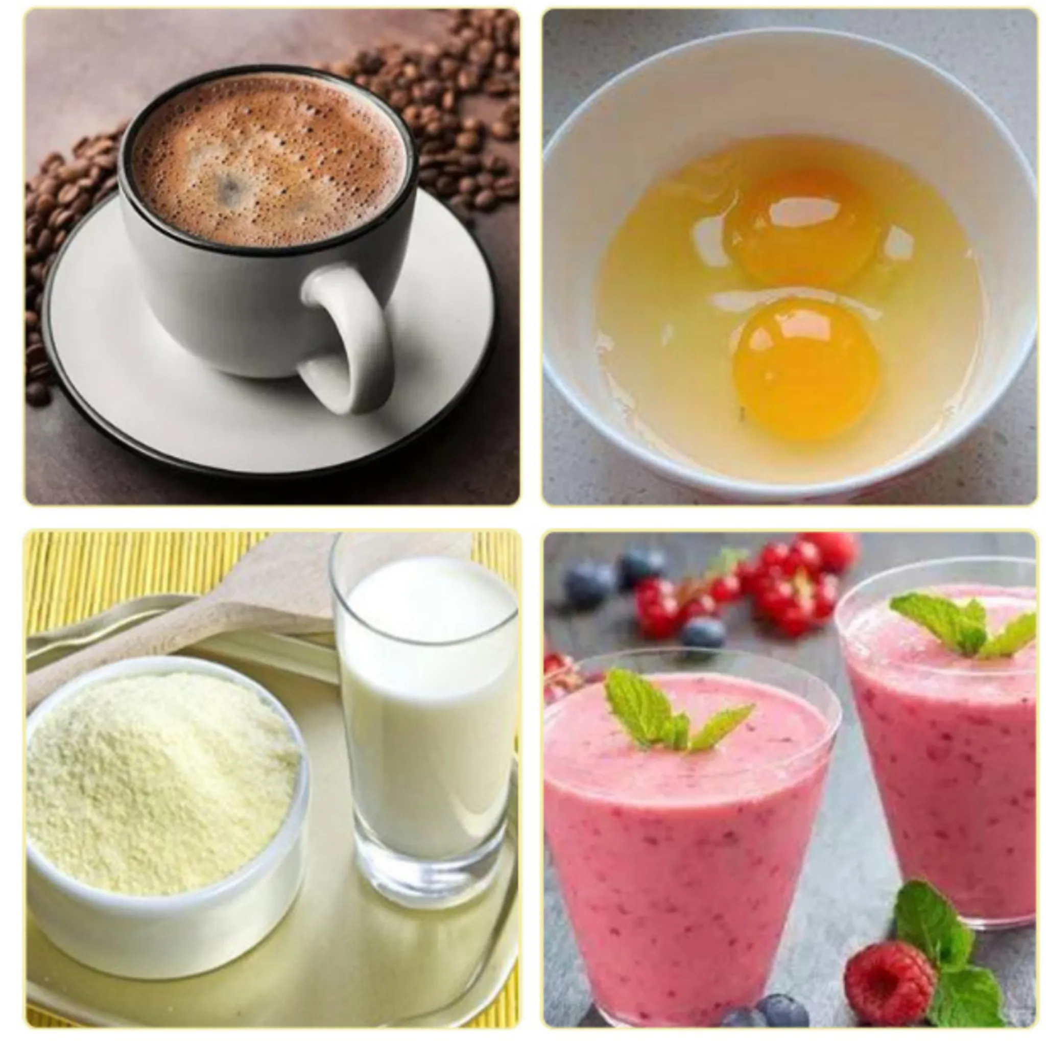 Eine Collage mit Kaffee, Eiern, Mehl, Milch und Smoothies. Jeder in separaten Rahmen, die Zutaten für eine Mahlzeit anbieten.