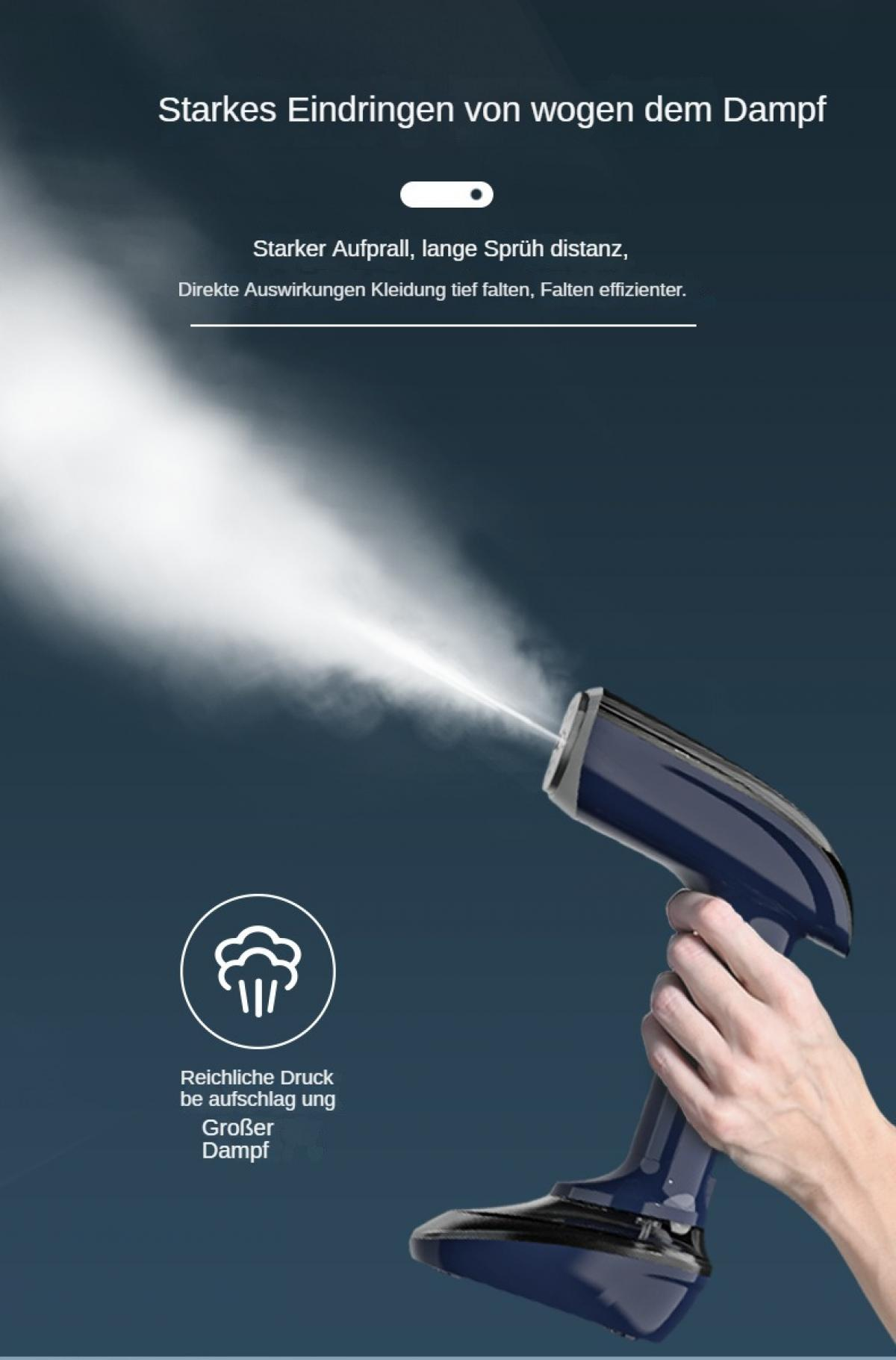 Eine Hand hält einen blauen Kleiderdampfer, der Dampf abgibt. Text beschreibt die Wirksamkeit des Dampfes.