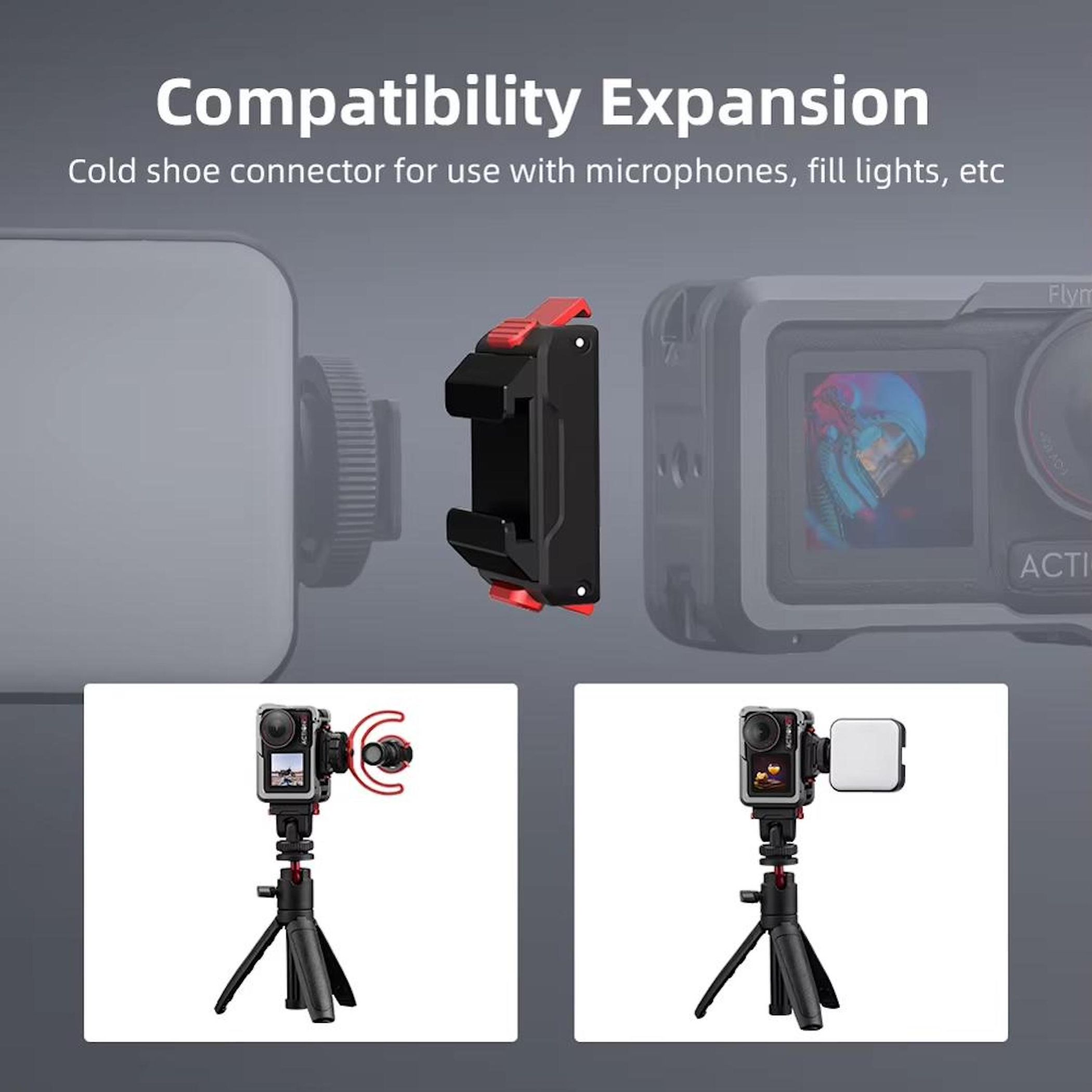 Das Bild zeigt einen schwarzen Stecker mit roten Akzenten, der Kameras und Zubehör unterstützt. Zwei Kameras auf Stativen sind abgebildet.