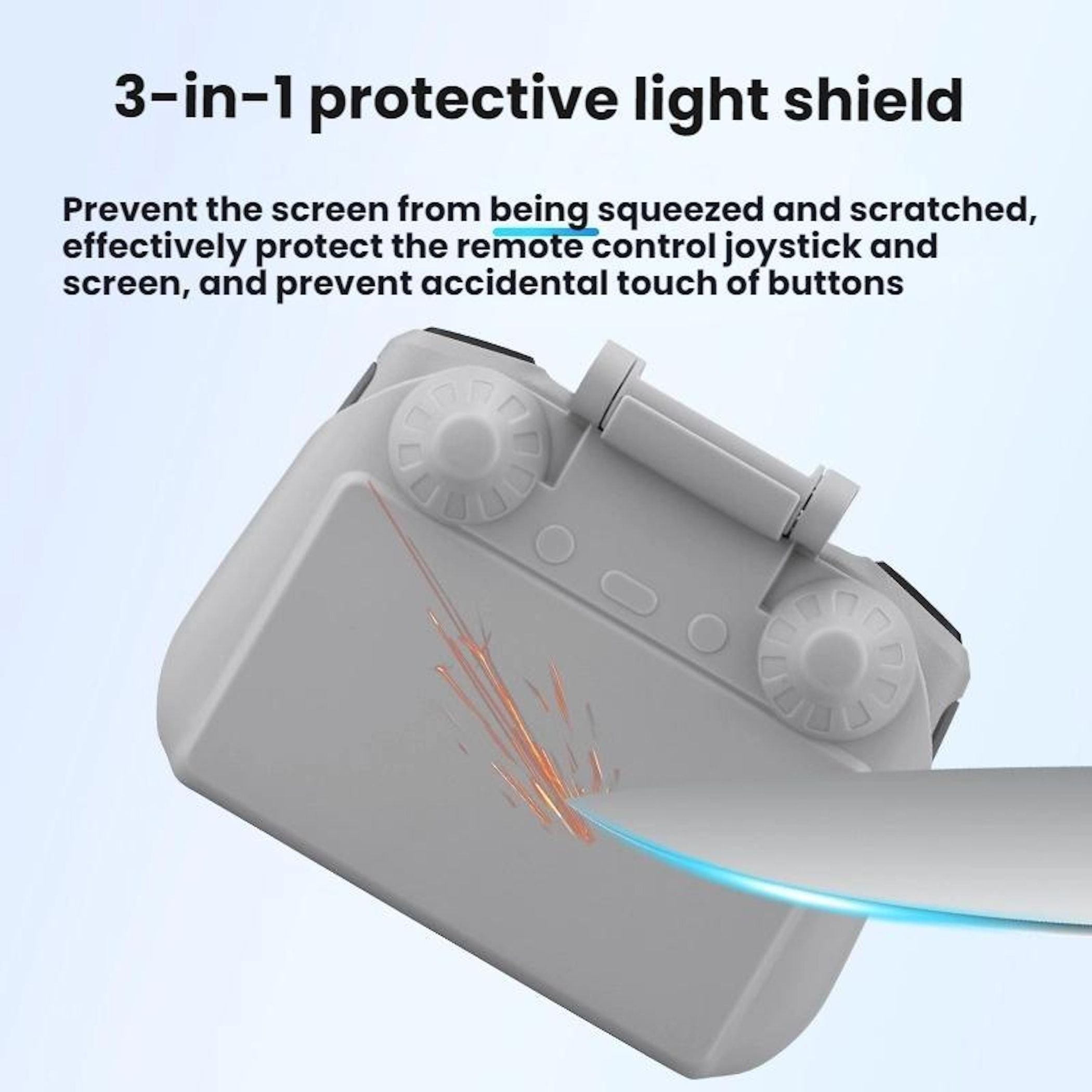 Graues Gerät mit Lichtschutz. Text: 3-in-1-Lichtschutz, schützt Bildschirm und Joystick.