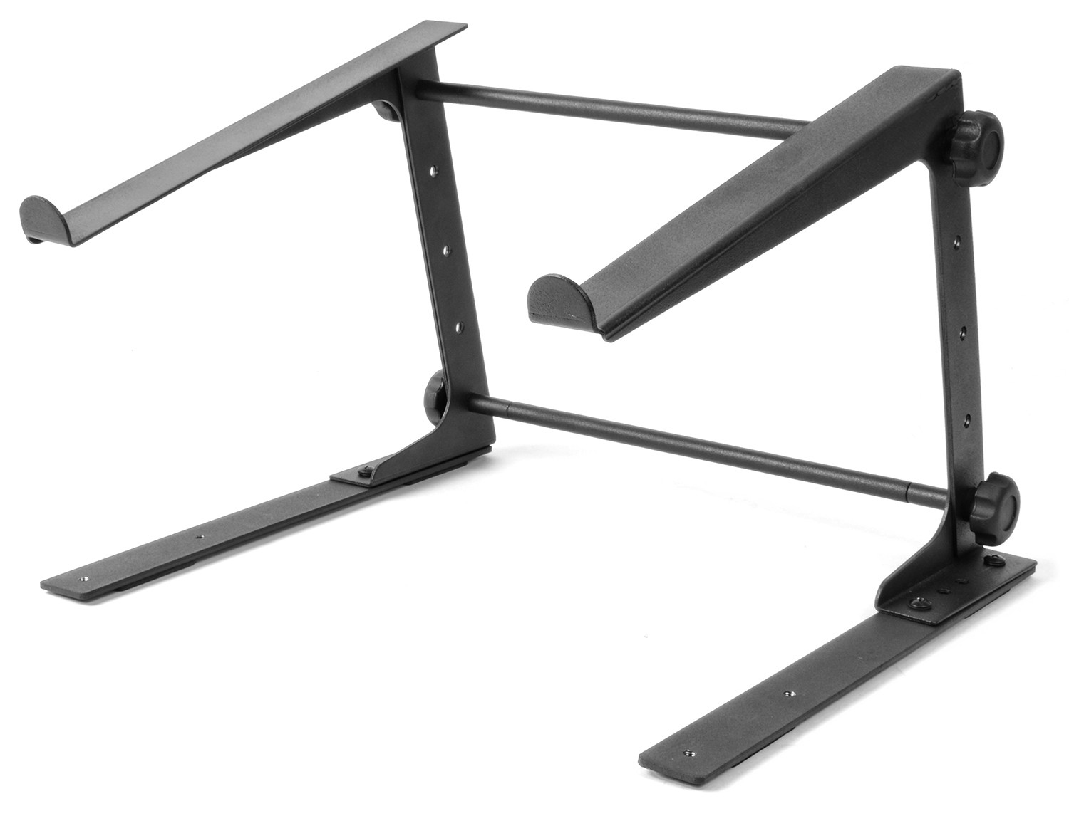 Ein schwarzer Laptopständer auf weißem Hintergrund. Er hat abgewinkelte Plattformen und Stützstangen, mit minimalistischem Design.