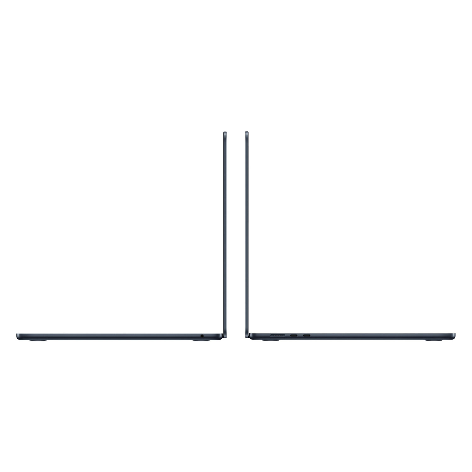 Dwa ciemnoniebieskie laptopy pokazane z boku, umieszczone naprzeciwko siebie na białym tle.