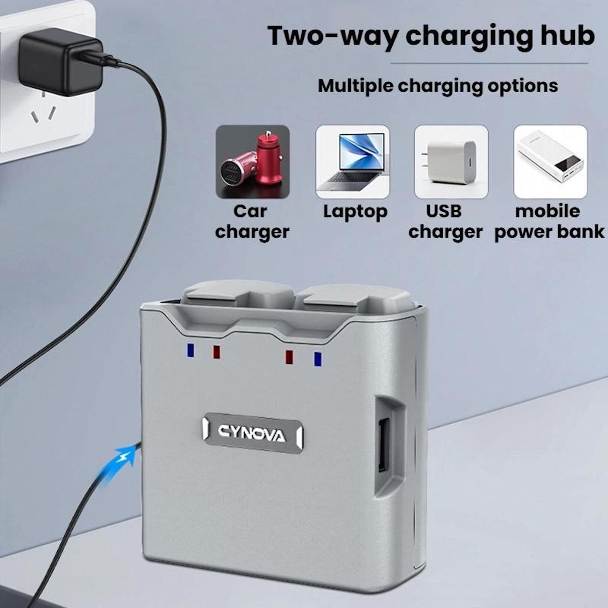 Un hub di ricarica a due vie. Ha opzioni per caricabatterie per auto, laptop, caricabatterie USB e power bank mobile.