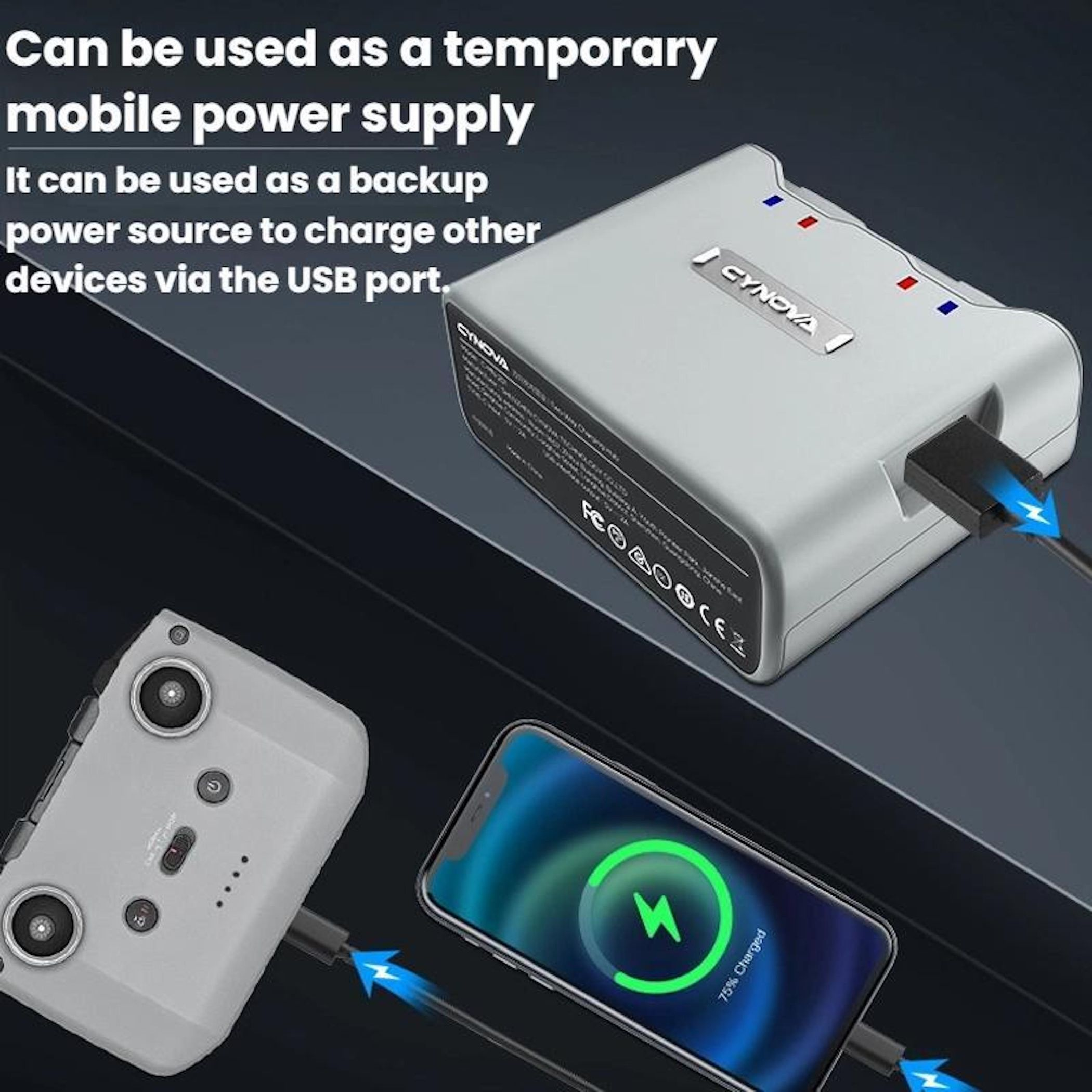 Un power bank grigio con dispositivi in carica. Un telefono mostra il 75% di carica. Anche un controller per droni è collegato.