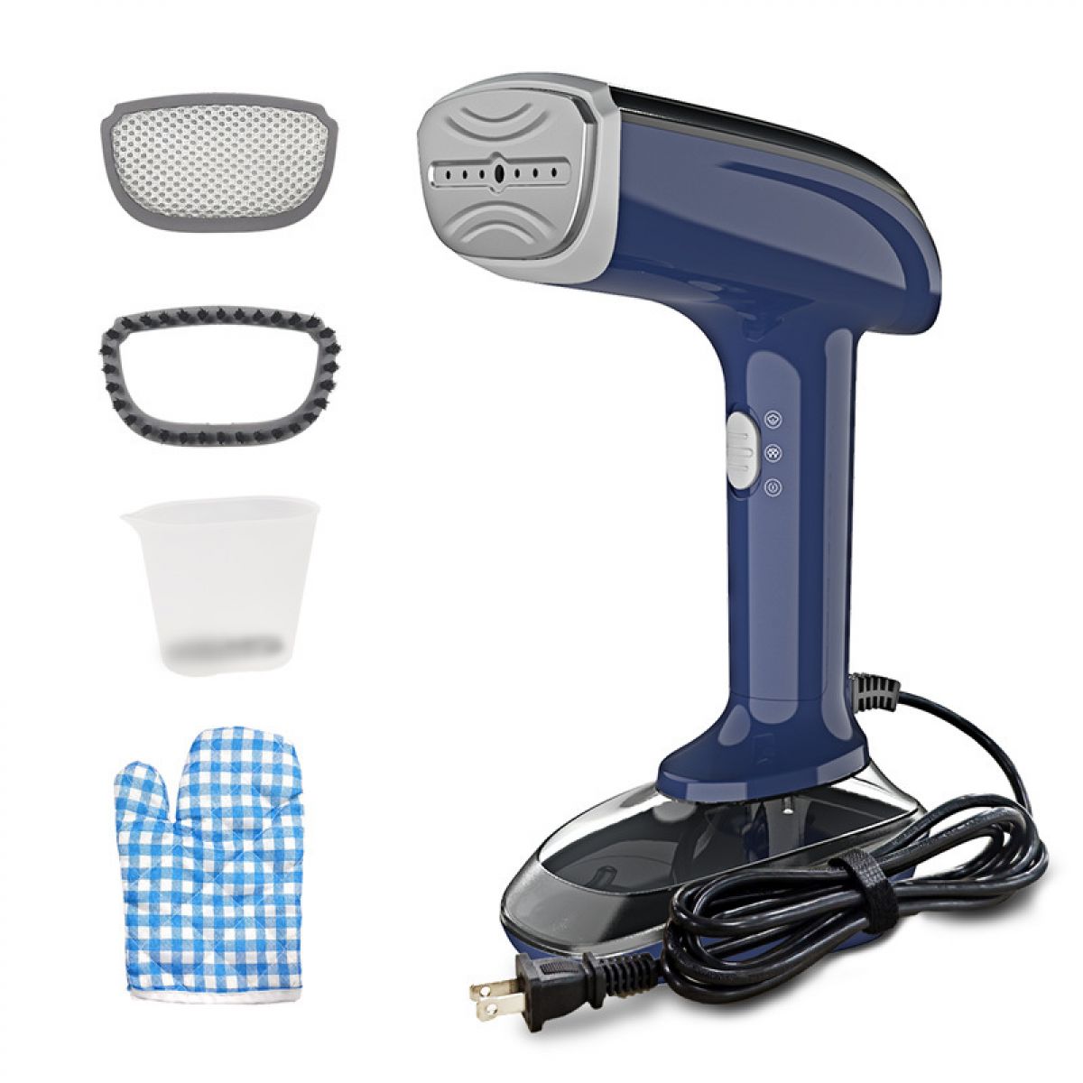 Blauer Hand-Dampfglätter mit Zubehör: Filter, Bürste, Messbecher und karierter Handschuh. Schwarzes Kabel und Stecker.
