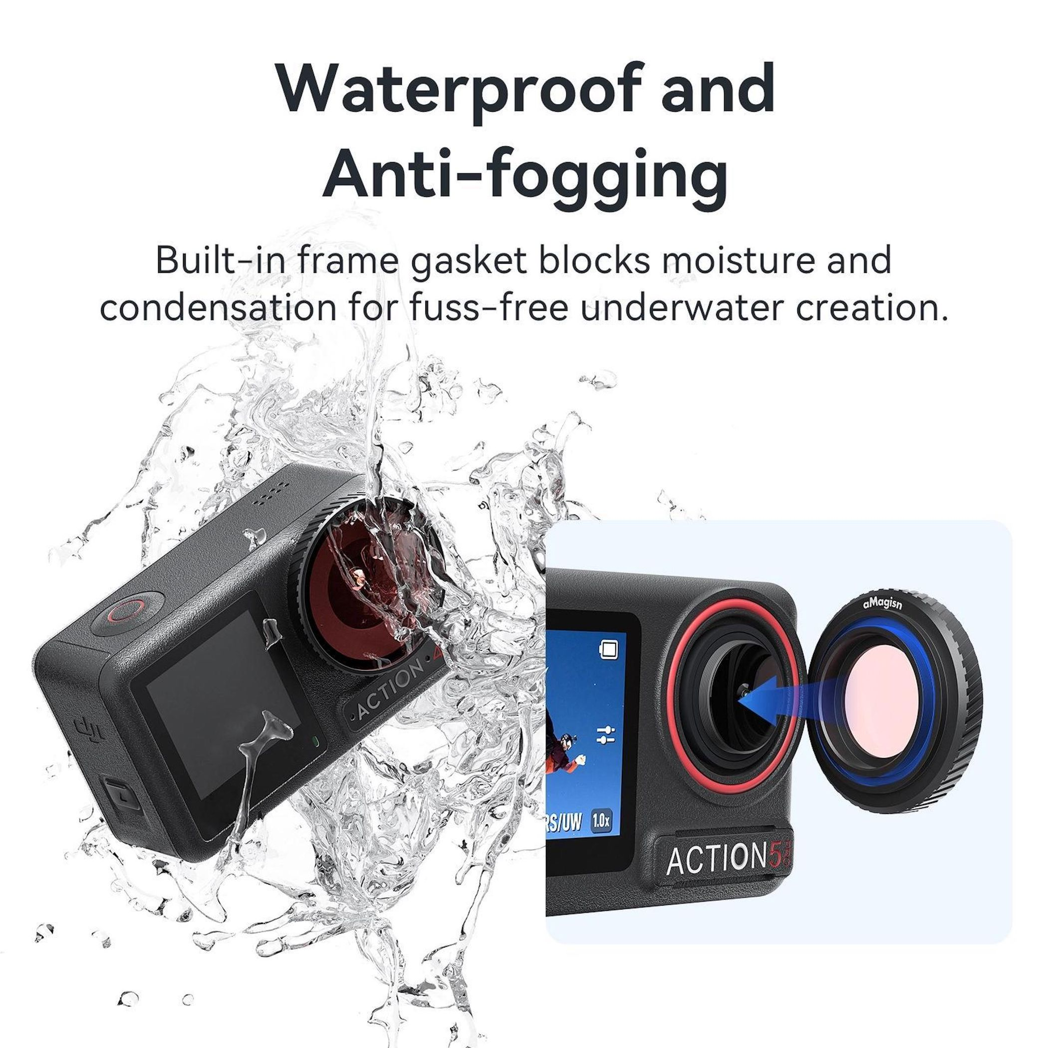 Due action camera con schizzi d'acqua. Il testo dice impermeabile e anti-appannamento.