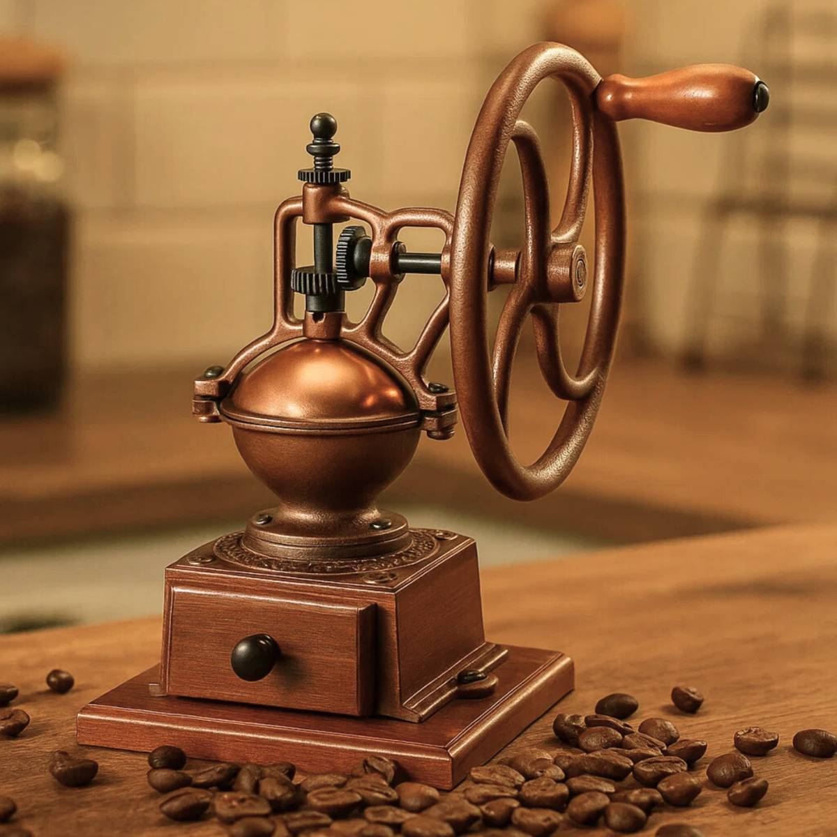 Eine Kaffeemühle aus Holz und Kupfer. Kaffeebohnen sind verstreut. Die Mühle hat ein großes Rad.
