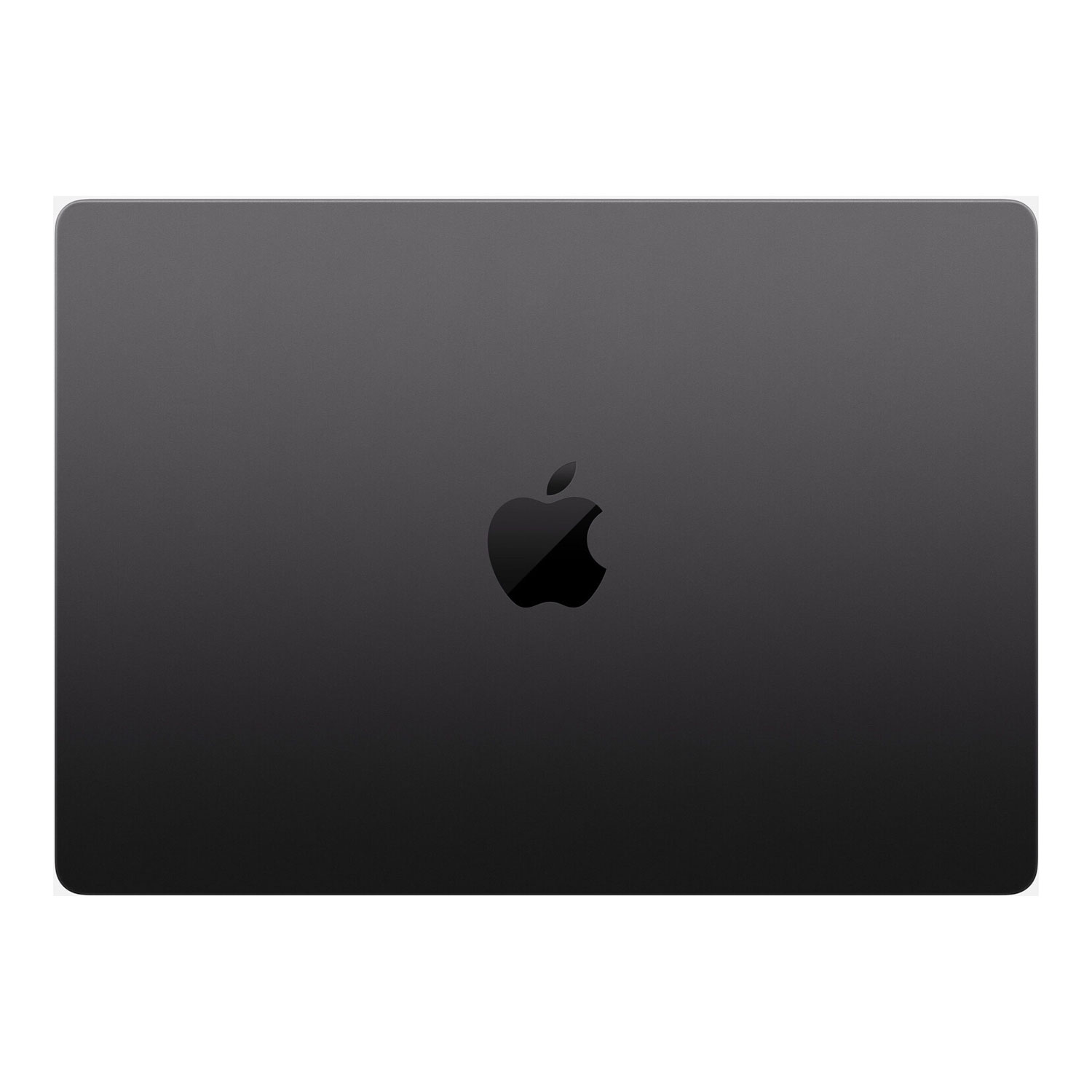 Ein geschlossener, dunkelgrauer Laptopdeckel mit einem schwarzen Apple-Logo in der Mitte. Der Deckel hat abgerundete Ecken.