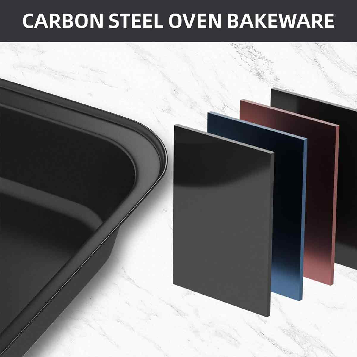 Schwarzes Backblech mit Mustern aus Carbon-Stahl-Ofenbackwaren in verschiedenen Farben: Schwarz, Grau, Blau, Rot und Schwarz.