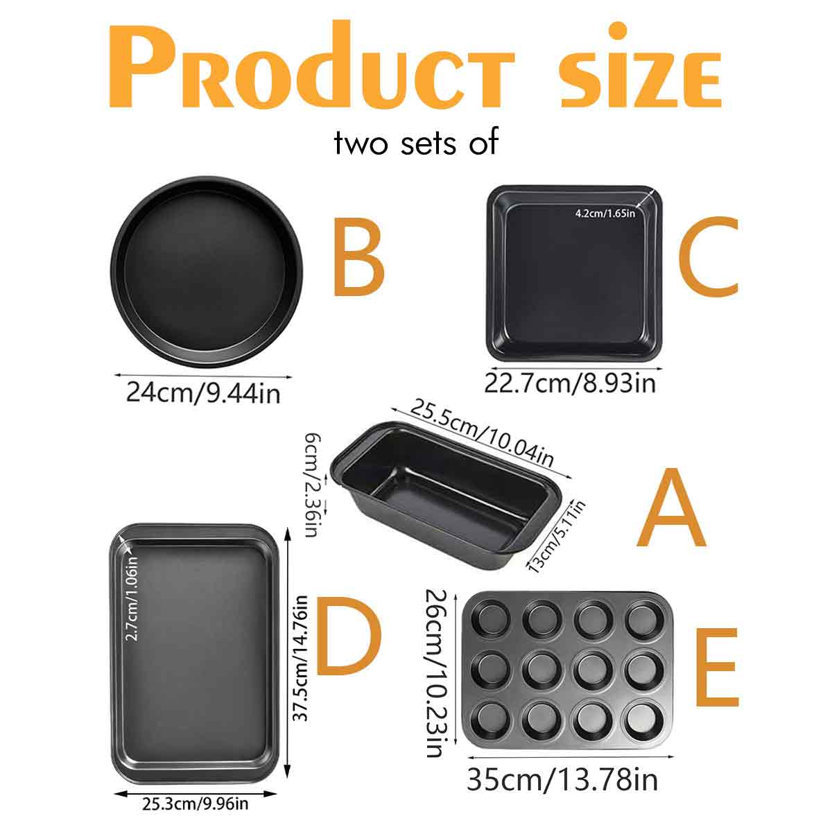 Das Bild zeigt fünf schwarze Backformen in verschiedenen Formen und Größen mit Abmessungen und dem Text 'Produktgröße'.