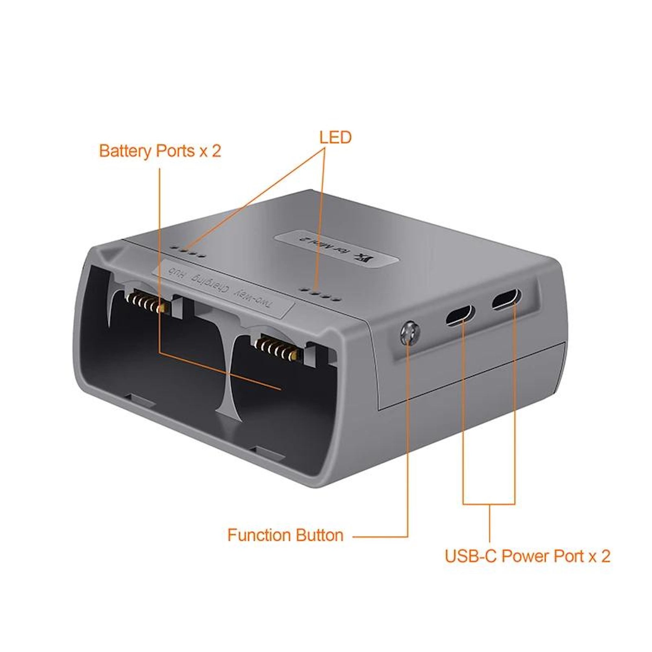 Ein grauer Lade-Hub für eine Drohne, gekennzeichnet mit Batterieanschlüssen, LED, Funktionstaste und USB-C-Anschlüssen.