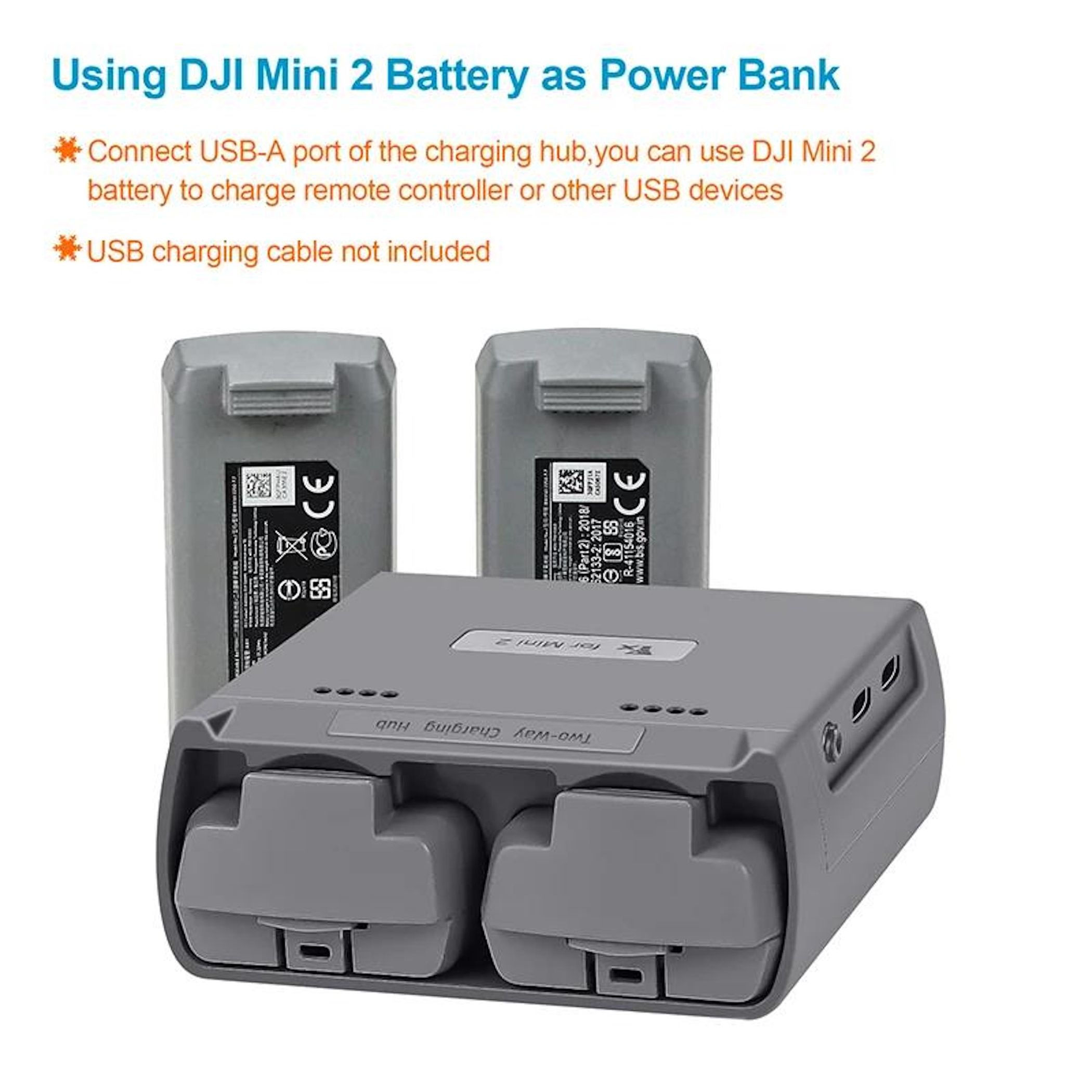 Das Bild zeigt einen DJI Mini 2-Ladehub mit Batterien. Er kann zum Aufladen der Fernbedienung oder anderer USB-Geräte verwendet werden.
