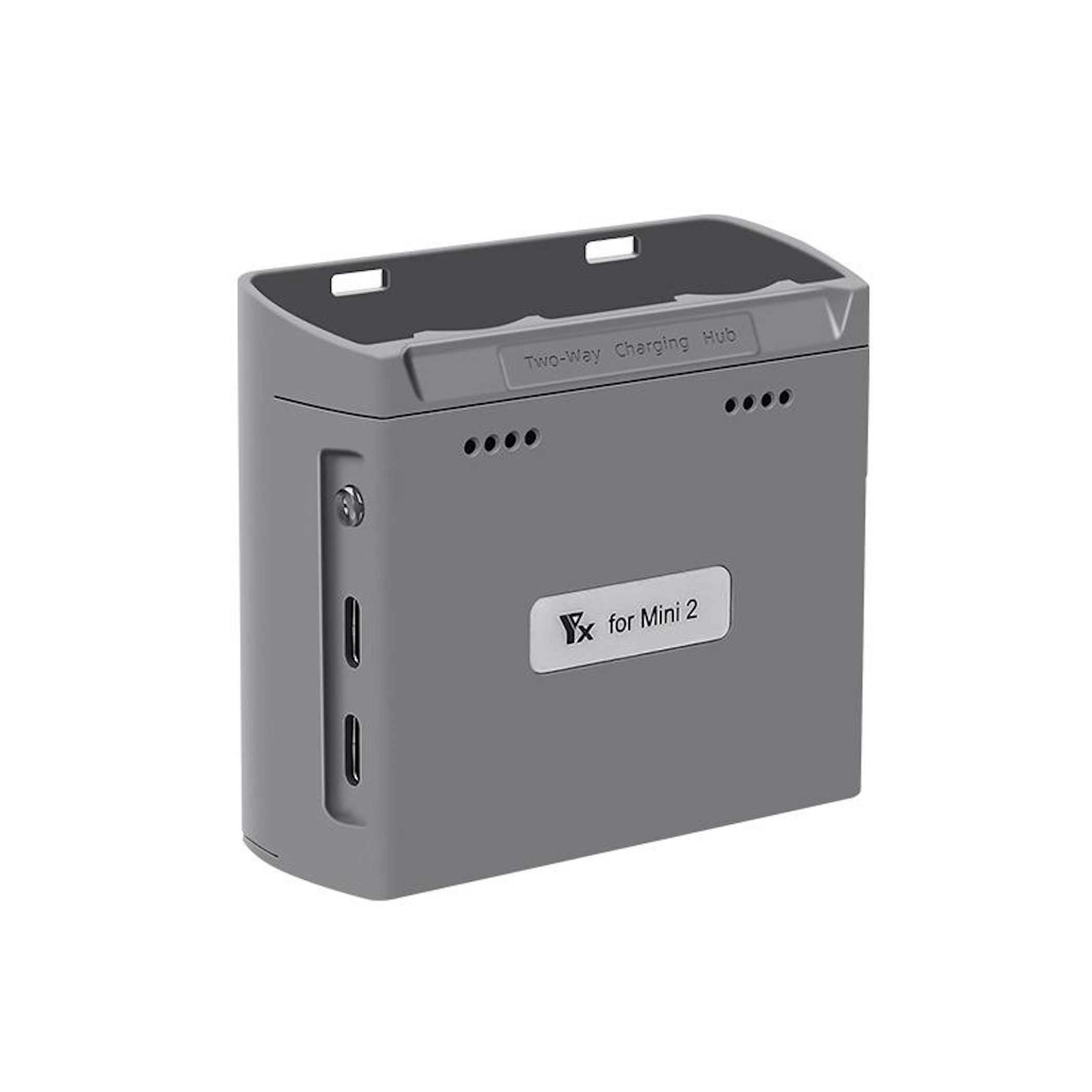 Ein grauer Lade-Hub für eine Mini 2 Drohne. Es hat Anschlüsse, ein Etikett und die Aufschrift "Two-Way Charging Hub".