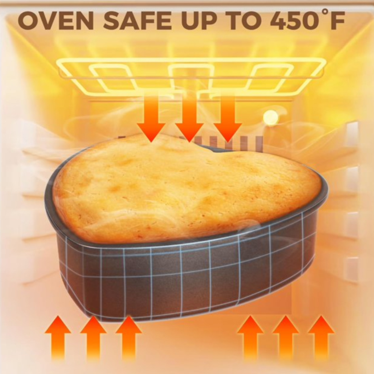 Ein herzförmiger Kuchen in einer ofenfesten Form. Pfeile zeigen den Wärmefluss an. Ofenfest bis 450°F.