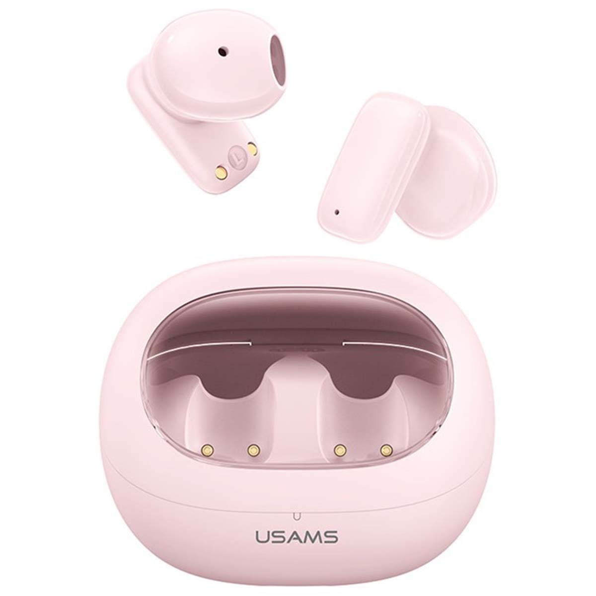 Auricolari e custodia di ricarica USAMS rosa. Due auricolari sopra, custodia sotto. La custodia ha un coperchio trasparente. Gli auricolari sono wireless.