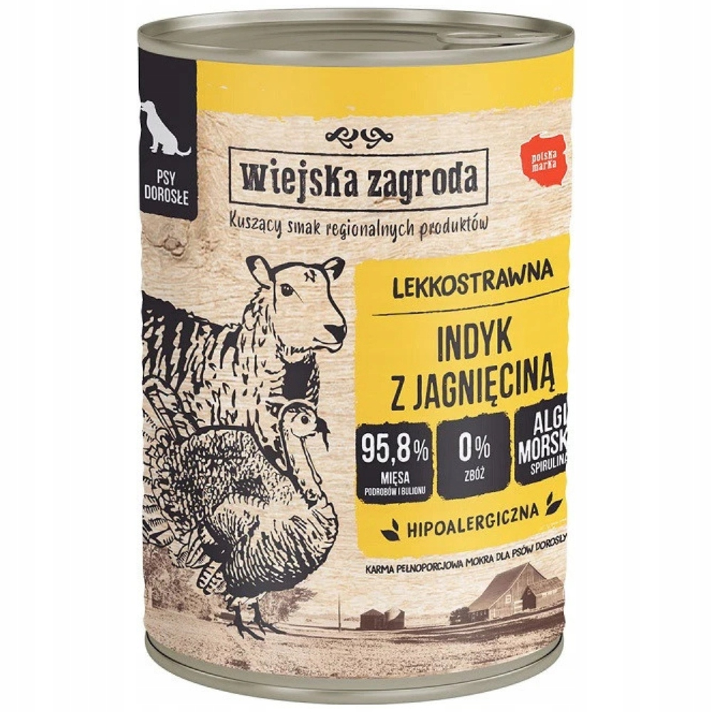 Puszka karmy dla psów z ilustracjami owiec i indyków. Żółta etykieta z polskim tekstem. Zawiera indyka i jagnięcinę, 95,8% mięsa, 0% zbóż.
