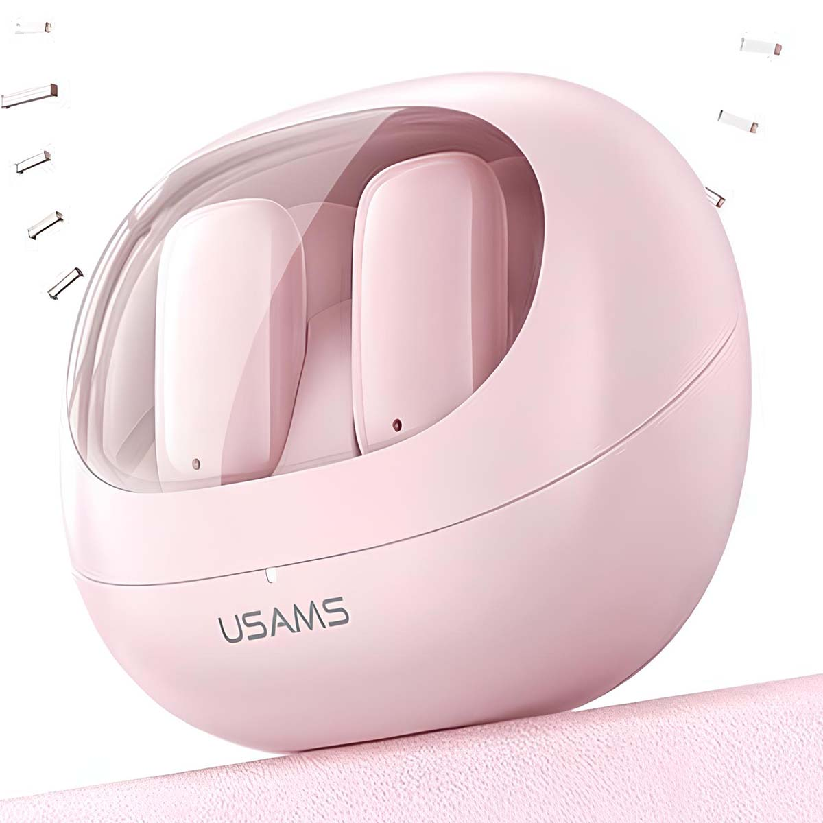 Una custodia di ricarica per auricolari wireless USAMS rosa con due auricolari all'interno. La custodia è rotonda con un coperchio trasparente.