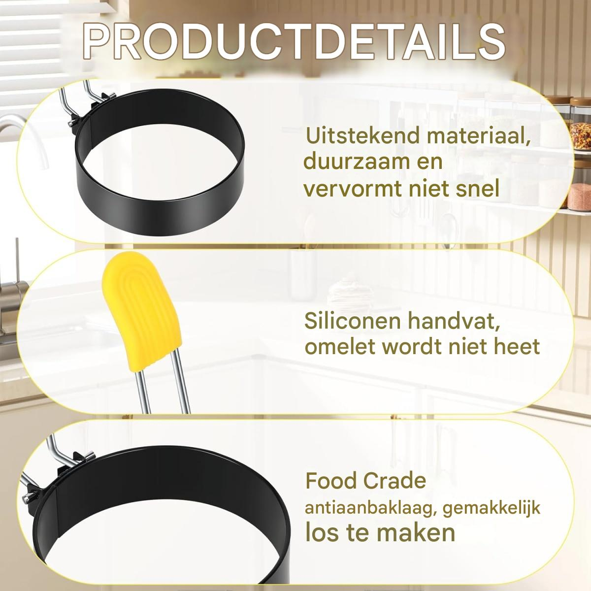 Produktdetails: Schwarzer Eierring, gelber Griff. Text erklärt Material, Hitzebeständigkeit und Antihaft-Eigenschaften.