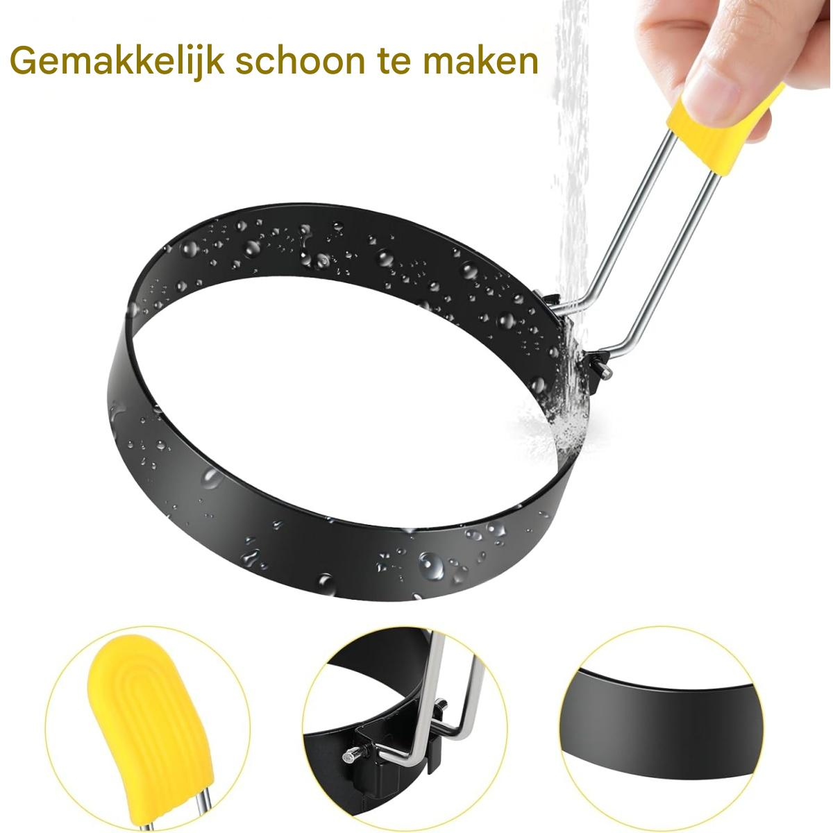 Ein schwarzer Eierring wird mit Wasser gewaschen. Der Ring hat einen gelben Griff. Wassertröpfchen auf dem Ring. Text oben.