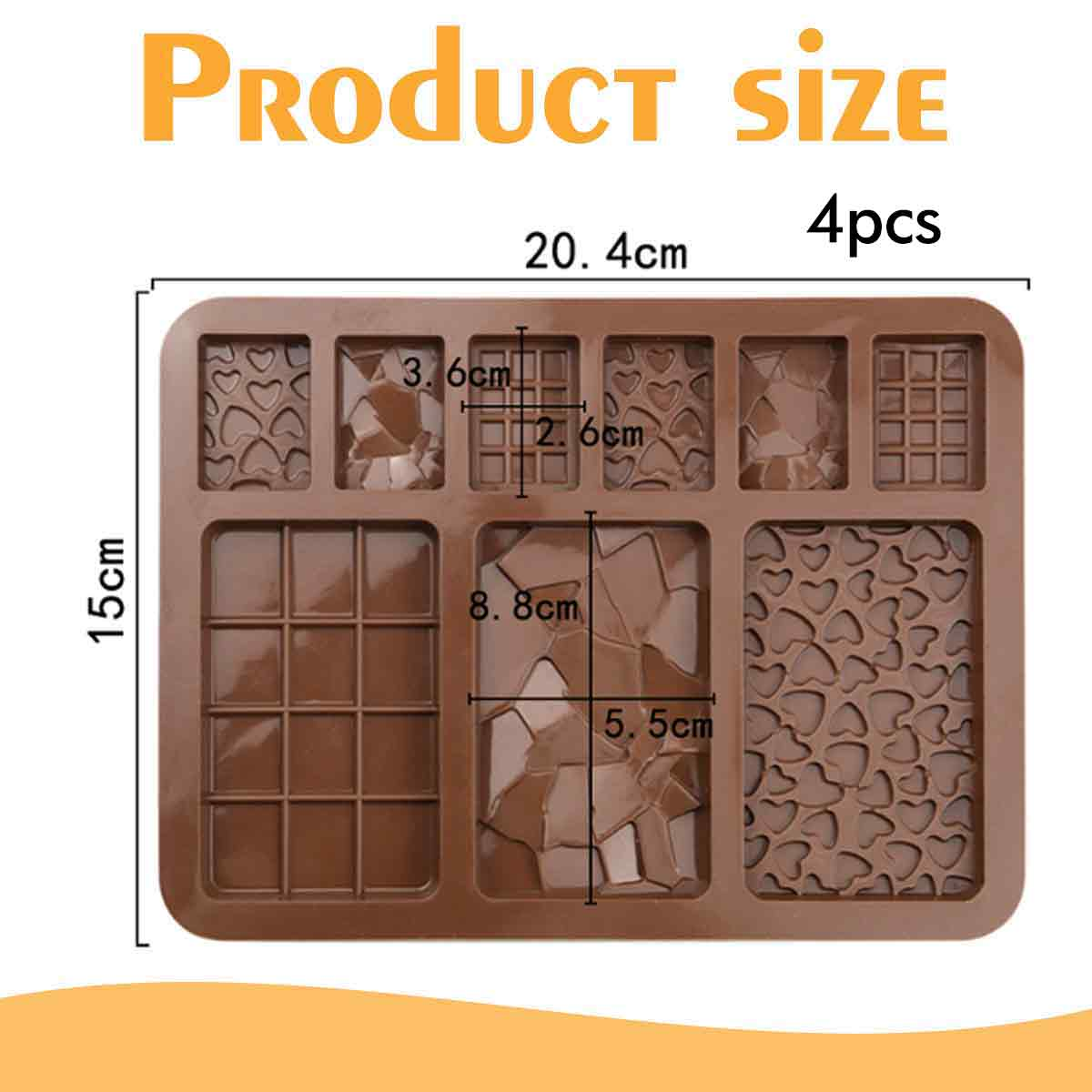 Braune Silikonform mit verschiedenen Formen. Produktdetails: 20,4 cm, 15 cm, 4 Stück. Abmessungen sind ebenfalls angegeben.