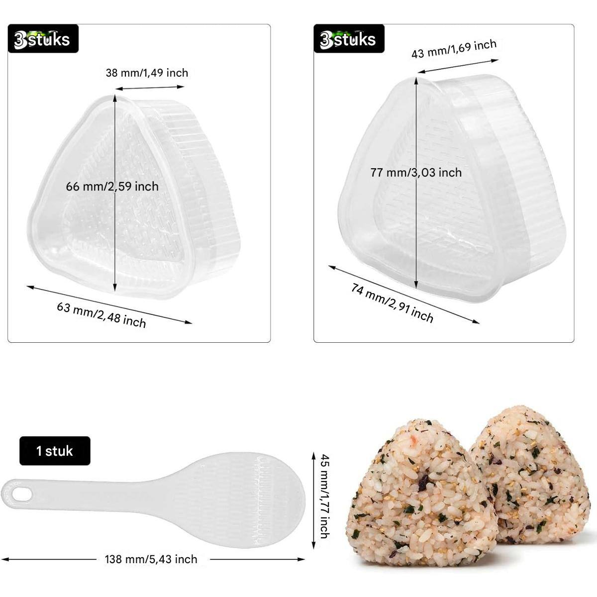 Das Bild zeigt drei durchsichtige Plastikbehälter, zwei Reisbällchen und einen weißen Reispaddel. Abmessungen sind ebenfalls angezeigt.