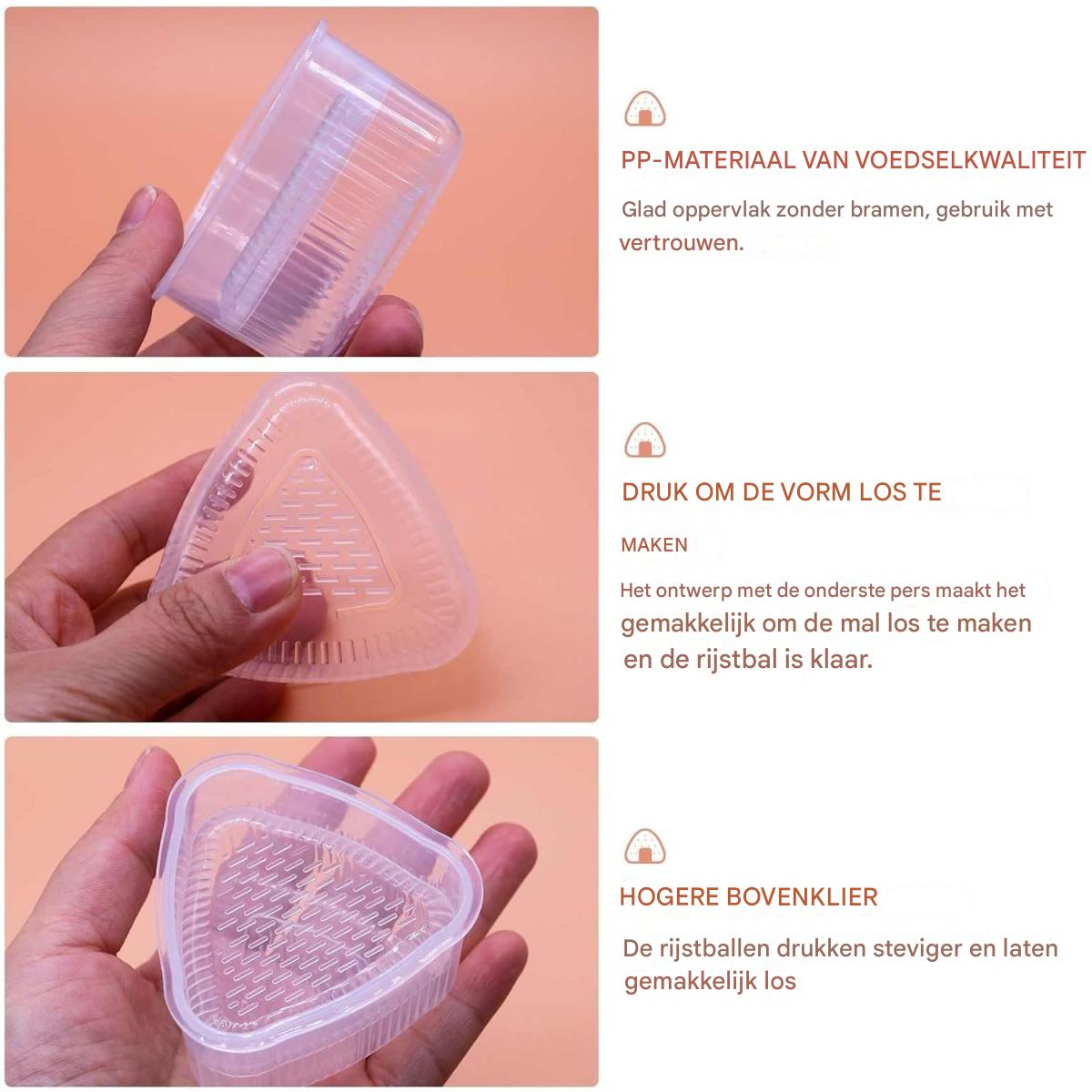 Hände halten klare Kunststoff-Lebensmittelformen. Die Formen scheinen für Reisbällchen zu sein, mit Text auf Niederländisch.