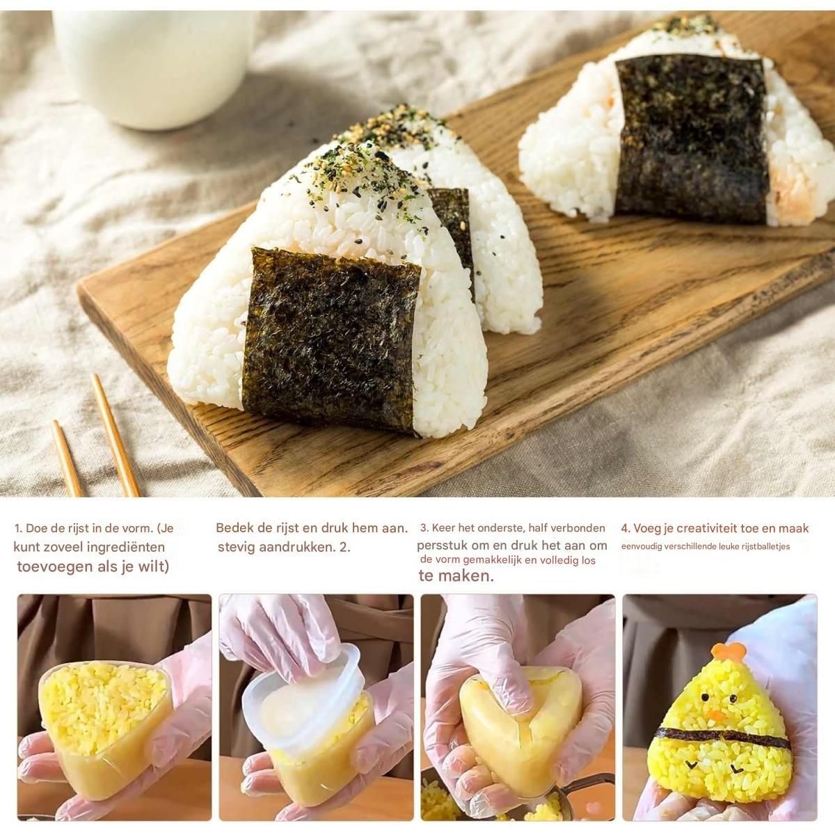 Sushi-Reisbällchen mit Seetang auf einem Holzbrett. Anweisungen zeigen das Formen von Reis, Pressen und Kreativität für lustige Formen.