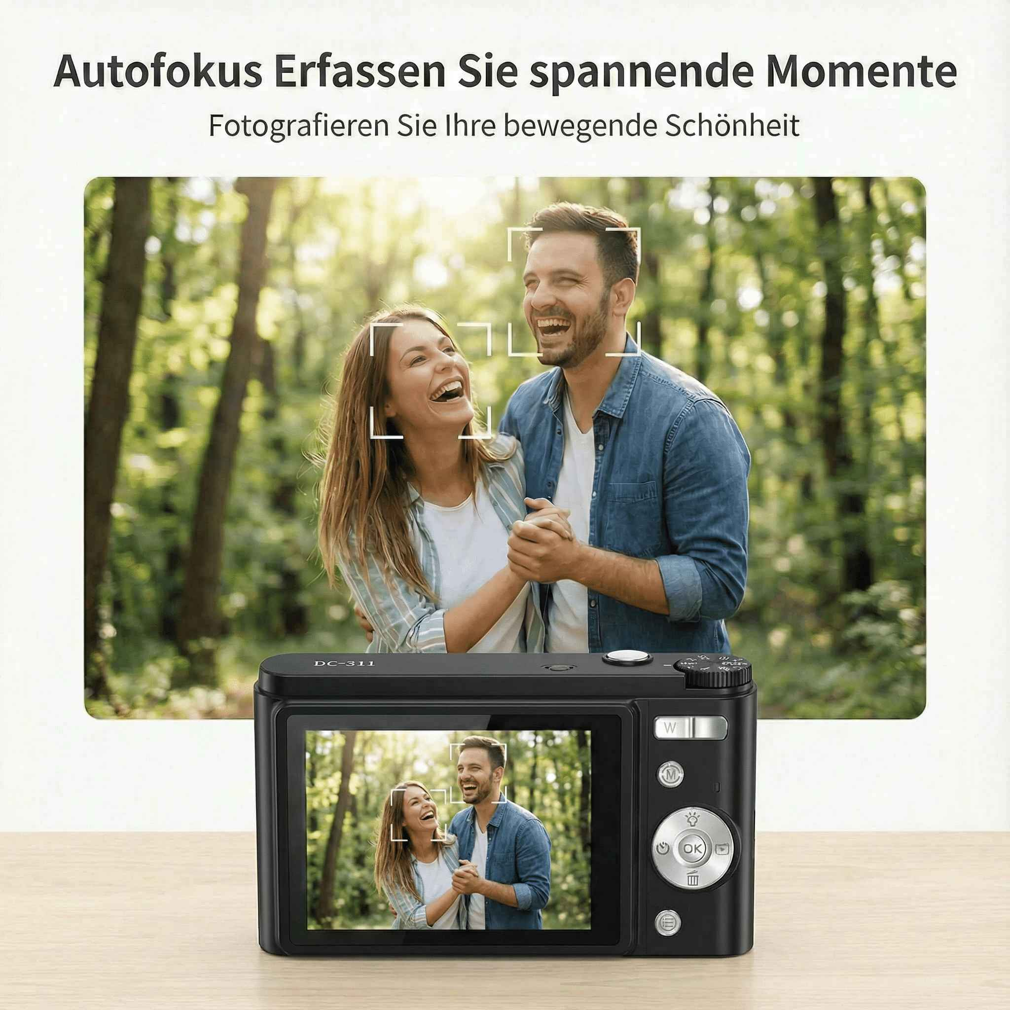 Eine Kamera zeigt ein lachendes Paar in einem Wald. Die Kamera ist schwarz mit Knöpfen und einem Bildschirm.