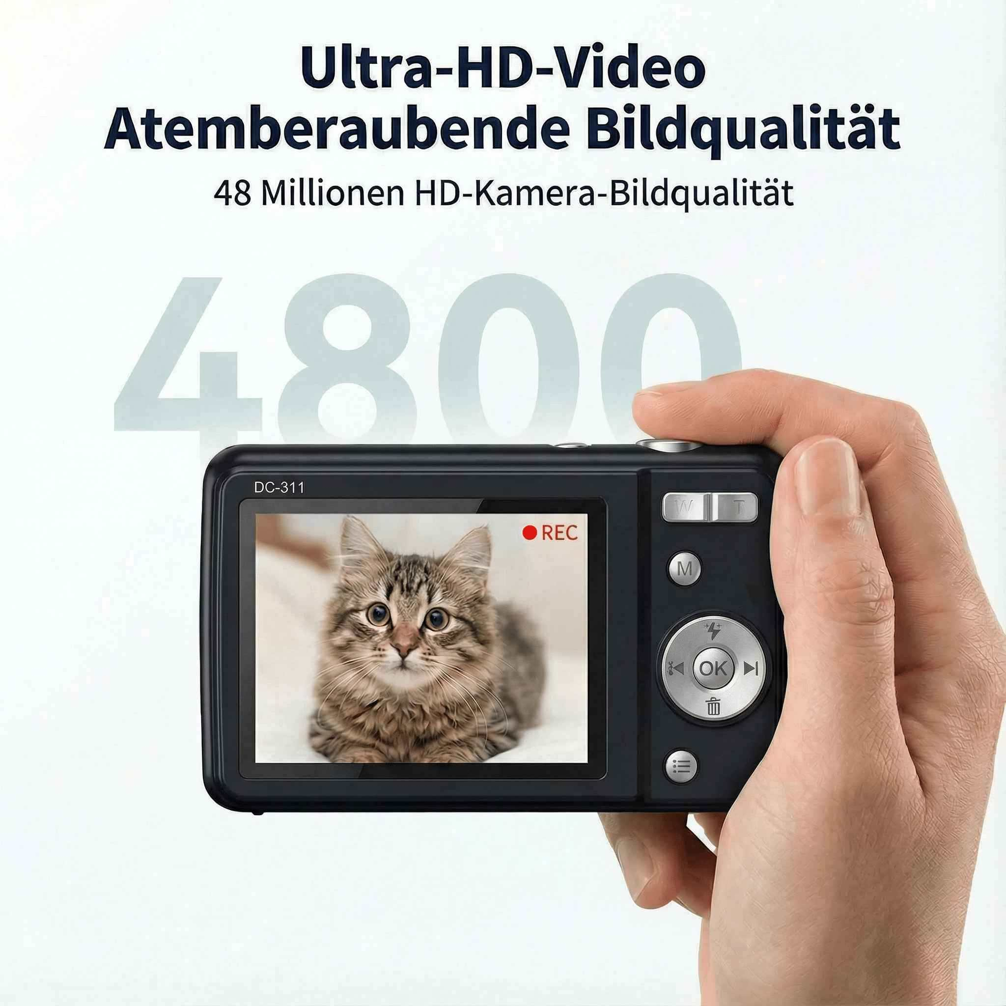 Eine Hand hält eine Kamera mit einem Katzenbild. Text sagt Ultra-HD-Video und 4800.