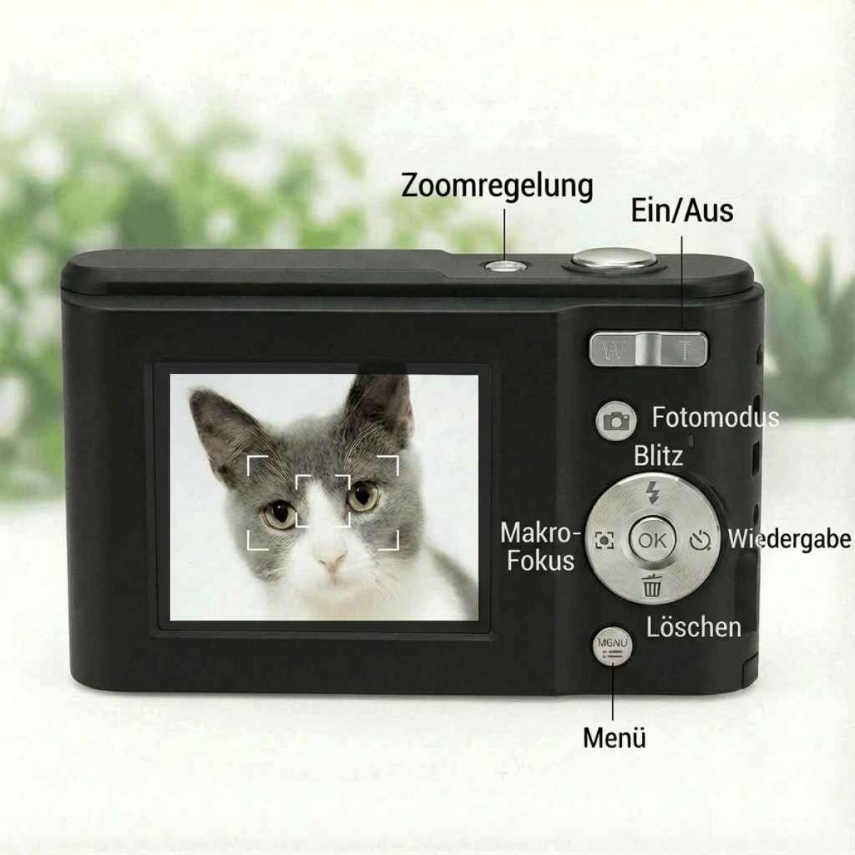 Eine schwarze Kamera zeigt das Gesicht einer Katze. Knöpfe sind beschriftet: Zoom, Ein/Aus, Fotomodus, Blitz, Makro, OK, Wiedergabe, Löschen und Menü.