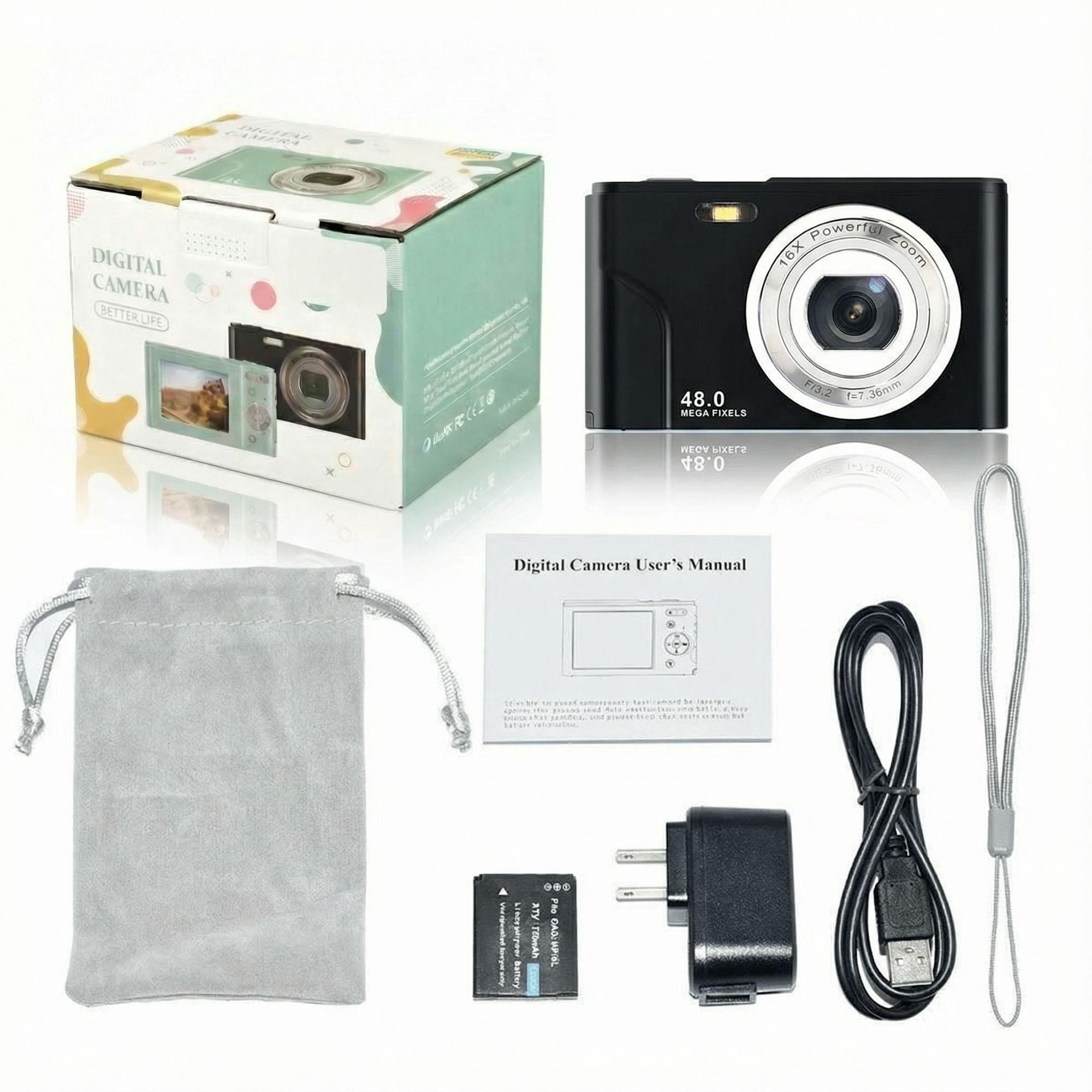 Ein Digitalkamera-Kit enthält Kamera, Karton, Tasche, Akku, Ladegerät, Handbuch, USB-Kabel und Gurt.