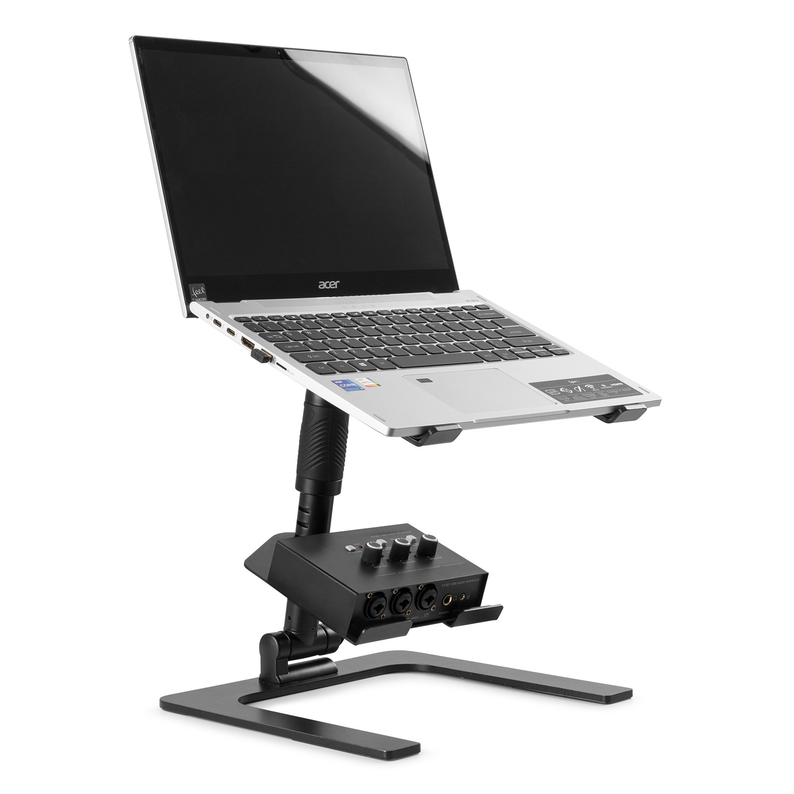 Silberner Laptop auf einem schwarzen Ständer mit Audio-Interface. Acer-Logo sichtbar.