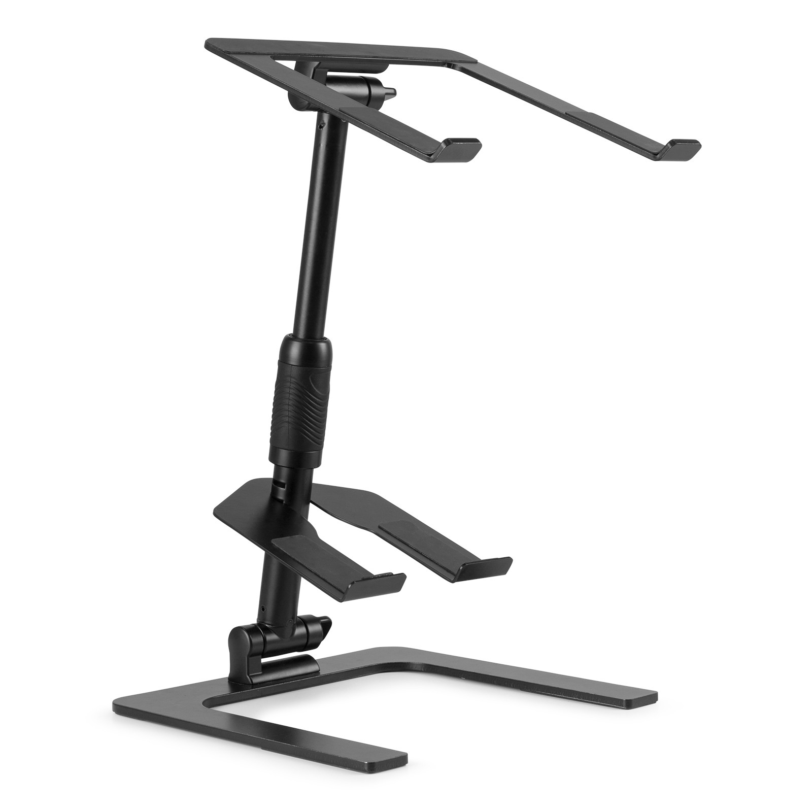 Ein schwarzer Laptopständer mit verstellbarer Höhe und Winkel. Er hat eine Basis, eine Mittelsäule und zwei Plattformen.