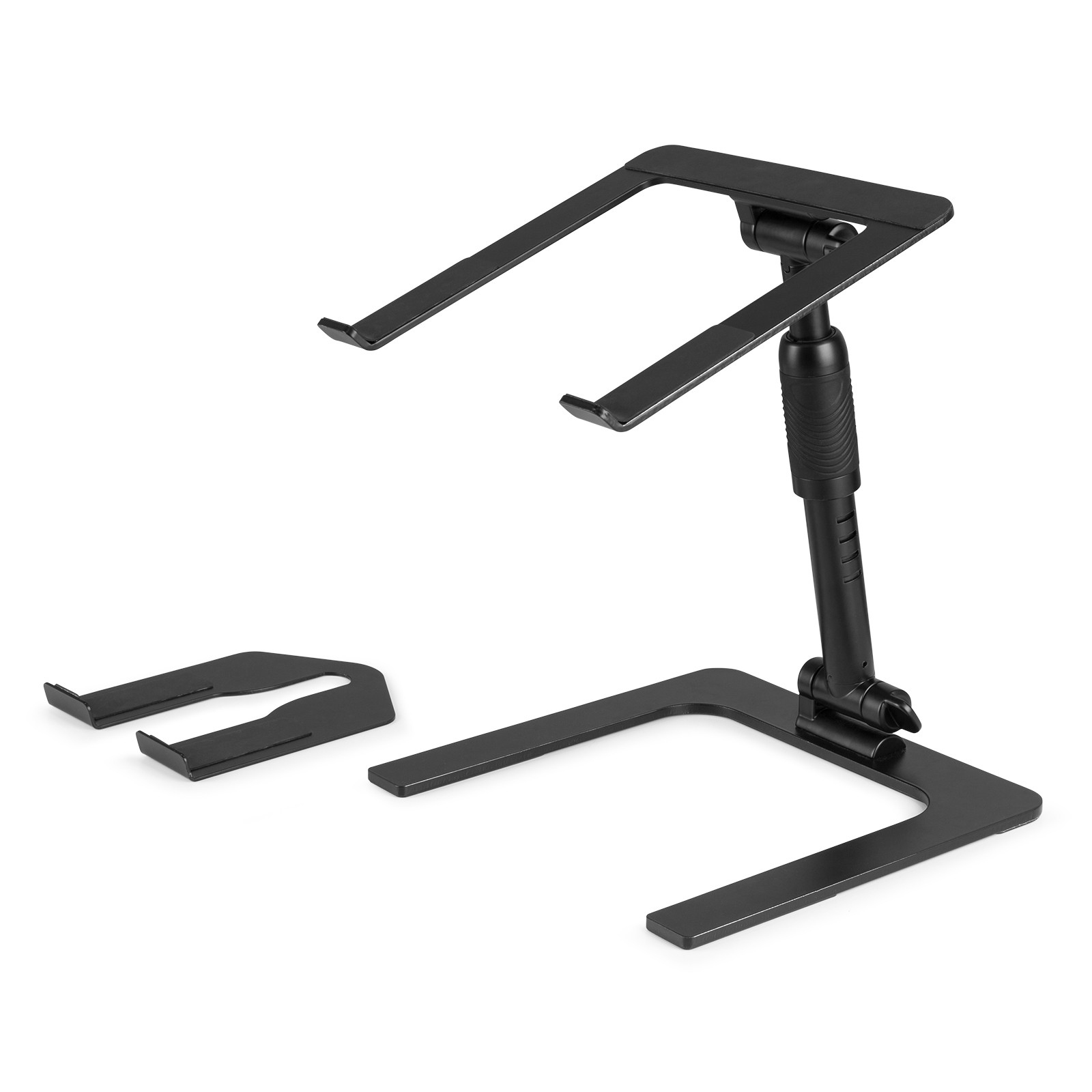 Ein schwarzer Laptop-Ständer auf weißem Untergrund. Er ist höhen- und winkelverstellbar. Eine separate Stütze links.