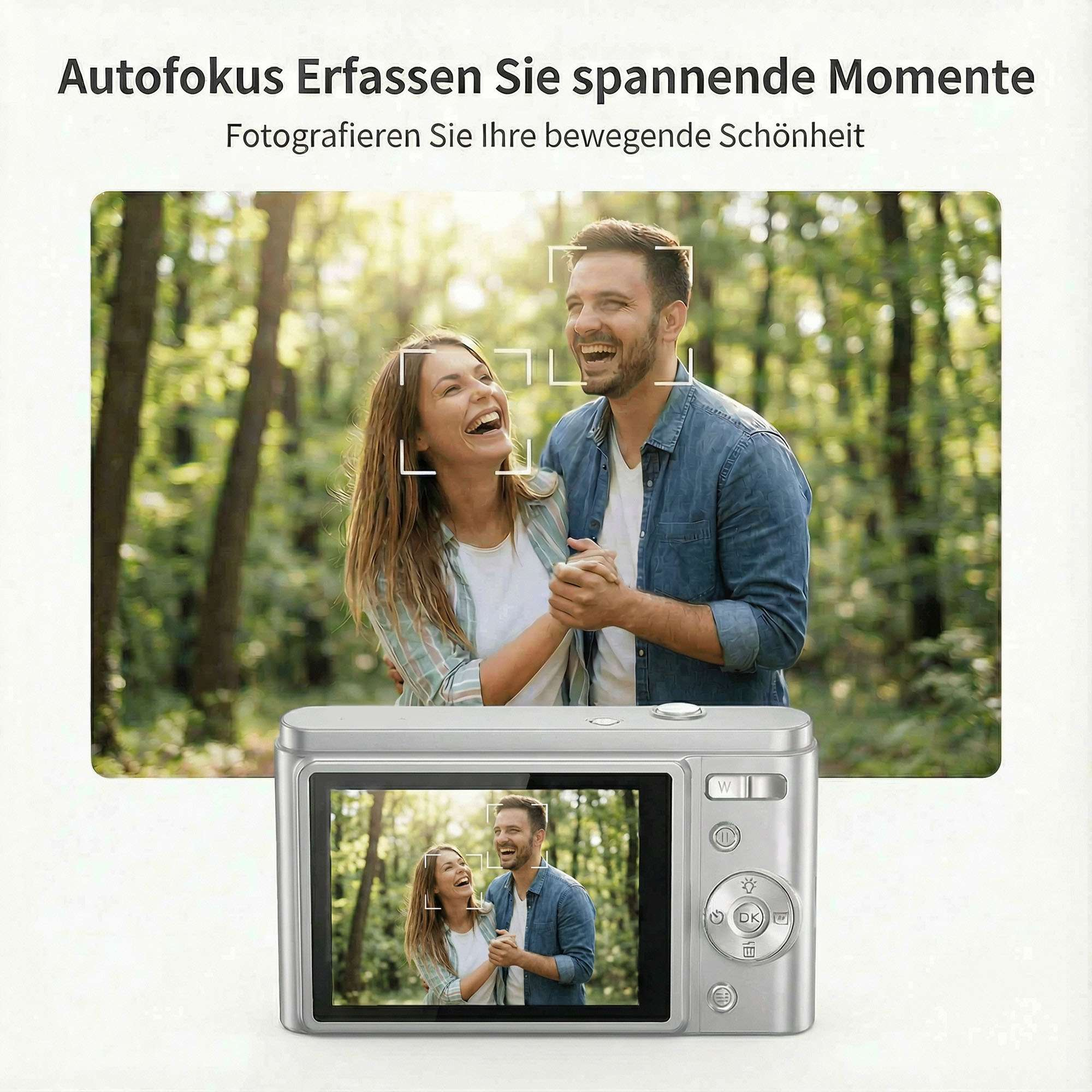 Ein lachendes Paar im Wald. Eine silberne Kamera zeigt dieselbe Szene. Text oben: Momente festhalten.