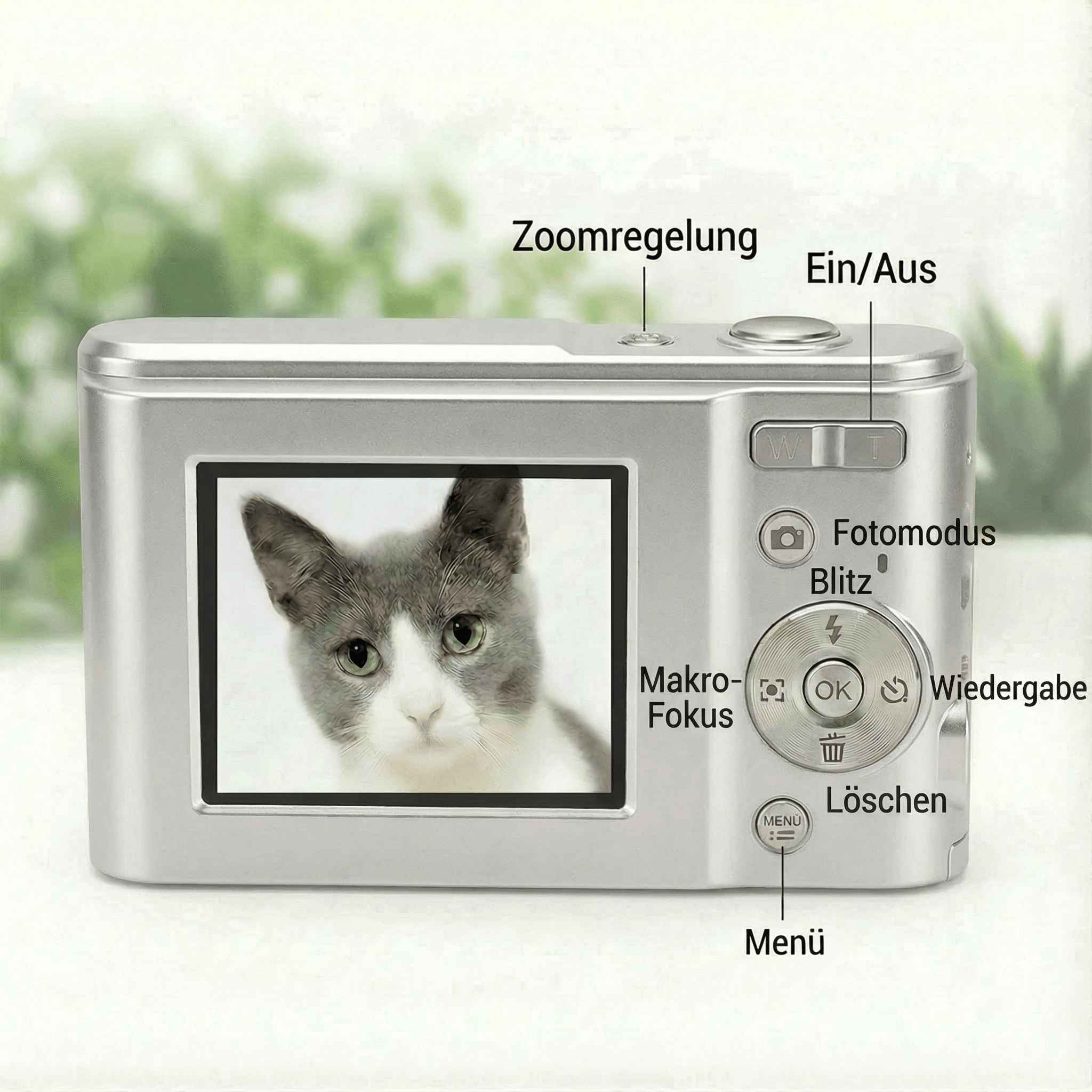 Eine silberne Digitalkamera. Der Bildschirm zeigt ein Katzenbild. Auf dem Kameragehäuse befinden sich verschiedene Tasten und Beschriftungen.