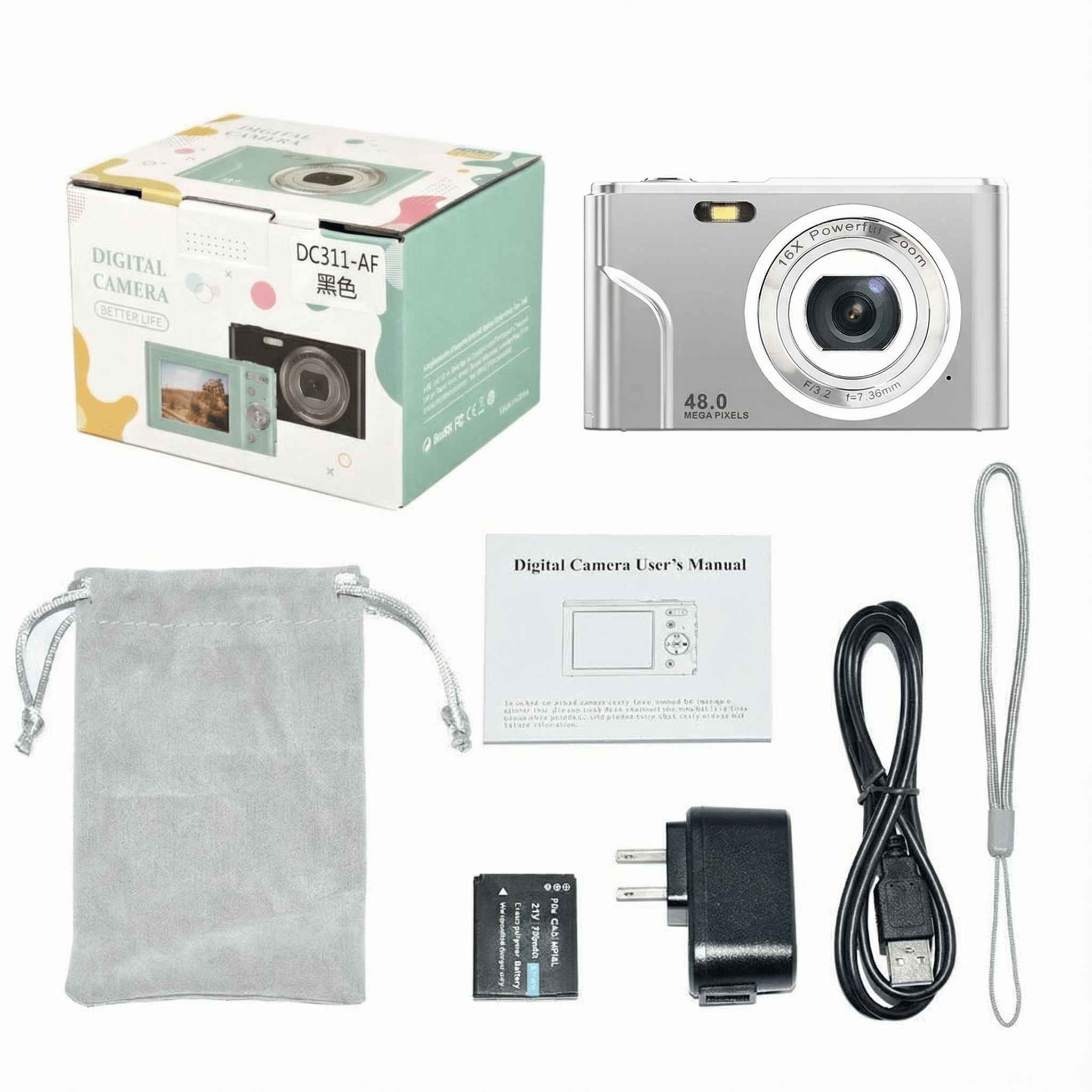 Ein digitales Kamera-Set wird gezeigt. Es umfasst eine Kamera, eine Schachtel, einen Beutel, ein Handbuch, ein Ladegerät, eine Batterie und einen Gurt.