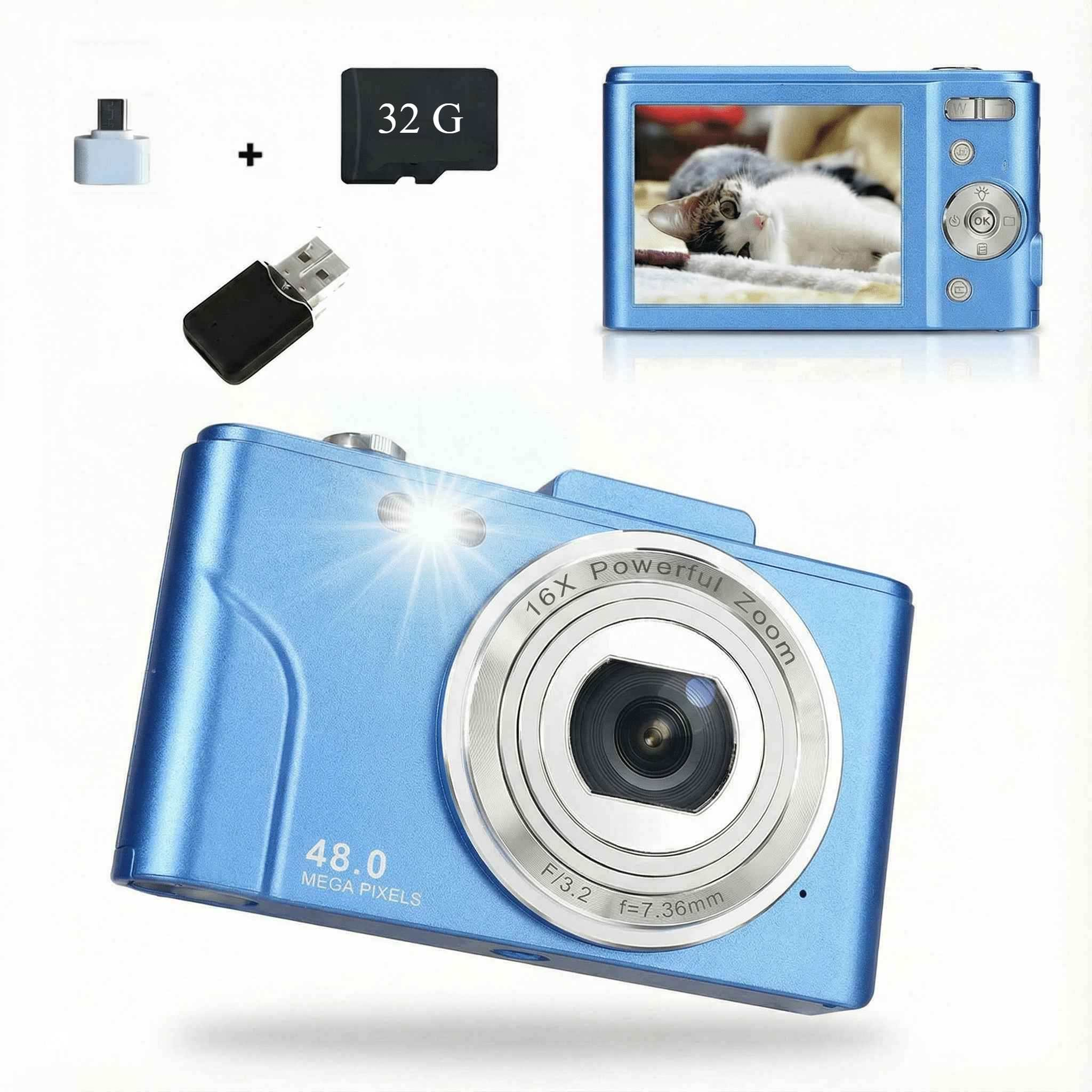 Blaue Digitalkamera mit Zubehör. Enthält eine 32-GB-Karte, einen USB-Adapter und einen USB-Anschluss. Das Display zeigt eine Katze.