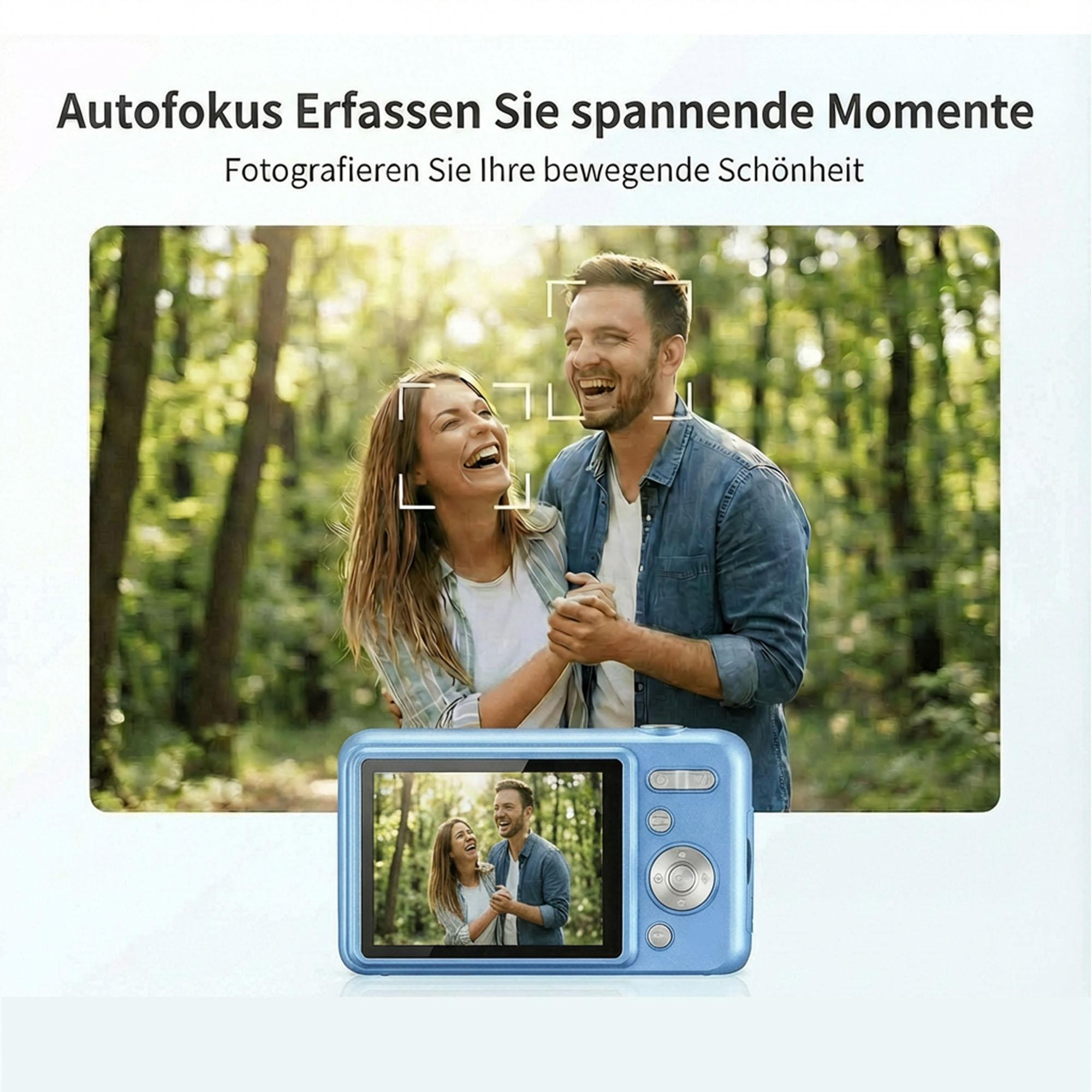 Ein lachendes Paar im Freien. Eine blaue Kamera zeigt die gleiche Szene. Bäume sind im Hintergrund.