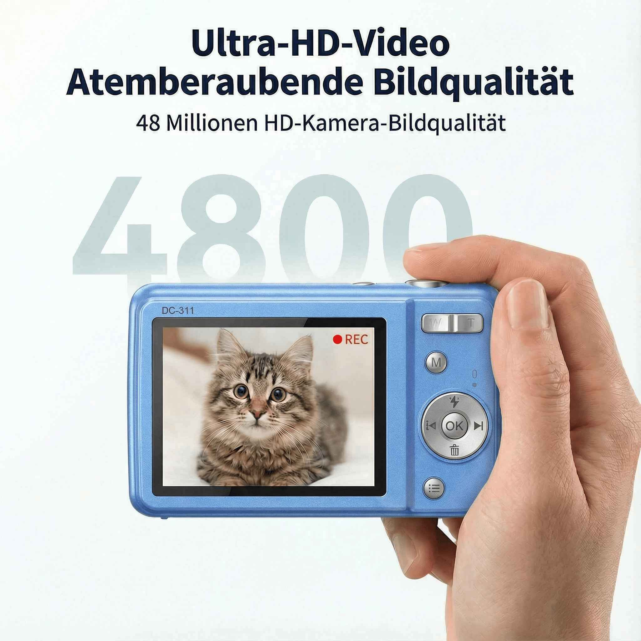 Blaue Digitalkamera mit Katzenfoto. Hand hält sie. Text: Ultra HD Video.