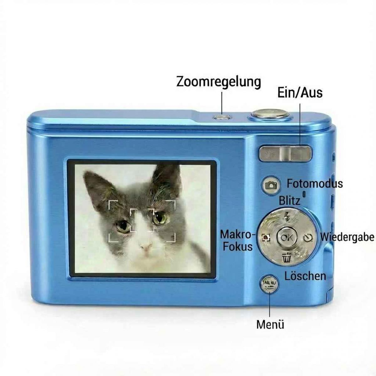 Eine blaue Digitalkamera zeigt das Gesicht einer Katze auf dem Bildschirm. Knöpfe sind Zoom, Ein/Aus, Blitz, Makro und Menü.