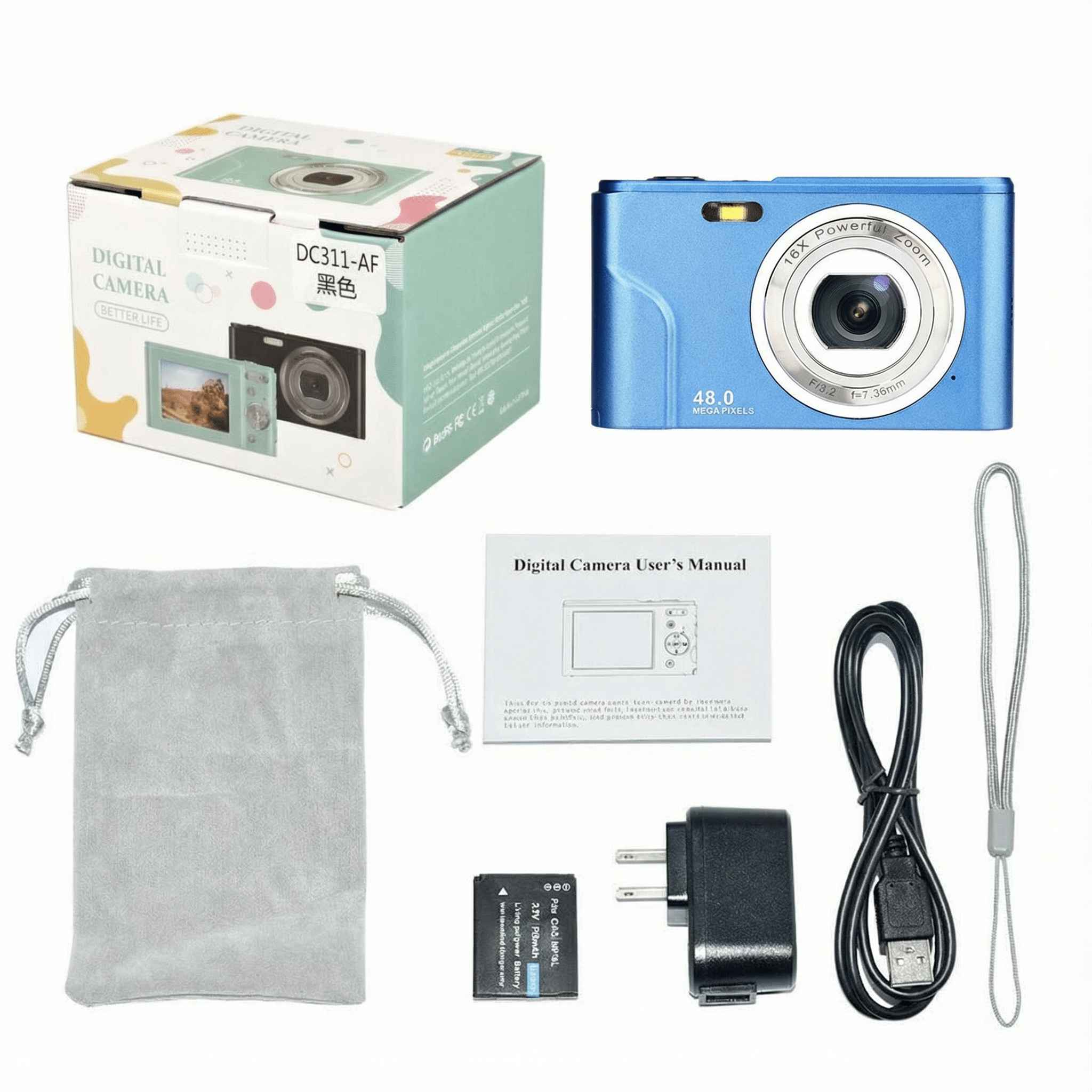 Blaue Digitalkamera mit Zubehör: Box, Tasche, Handbuch, Ladegerät, Akku und Handschlaufe.