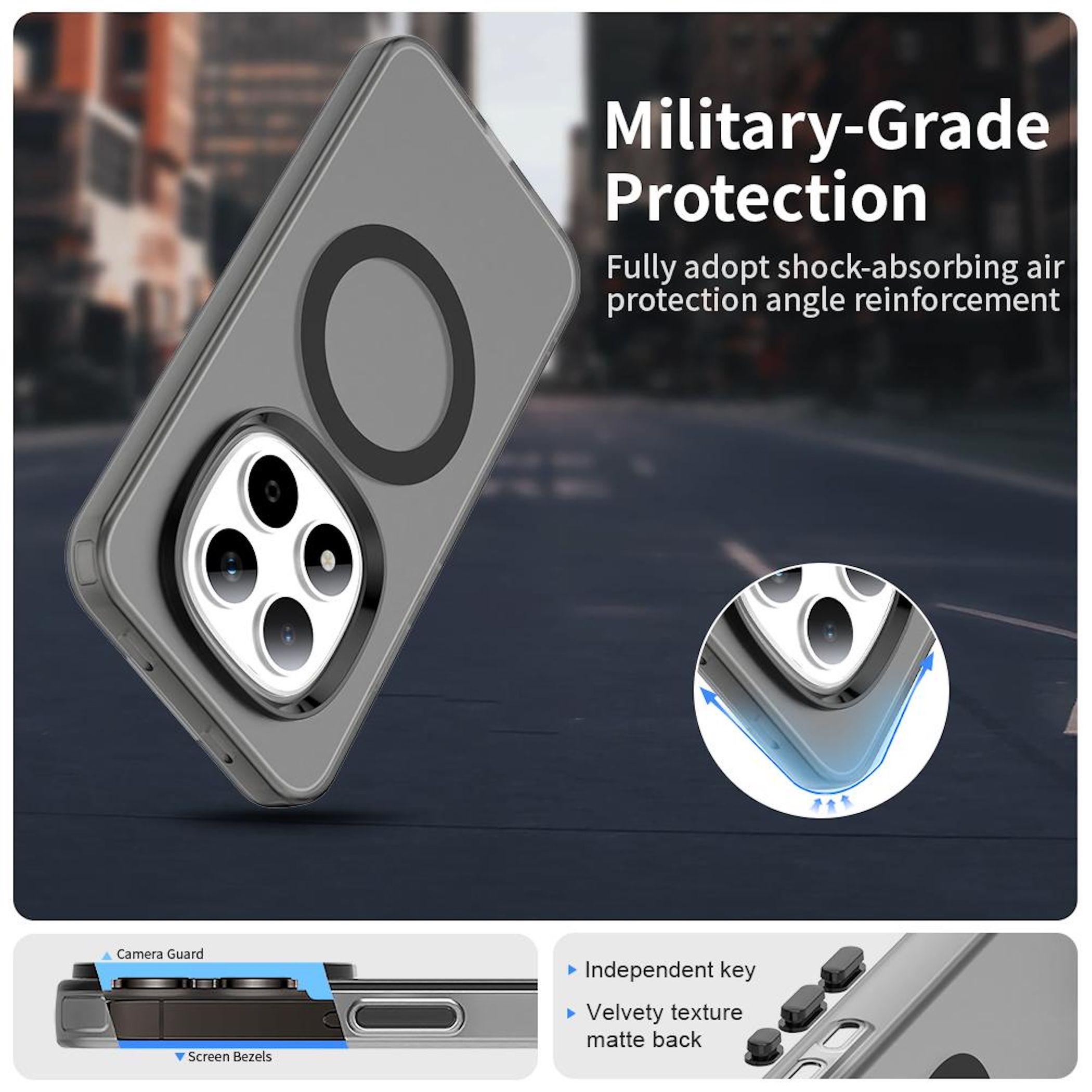 Eine Handyhülle mit Kameraausschnitt, schwarzem Kreisdesign und Text "Military-Grade Protection".