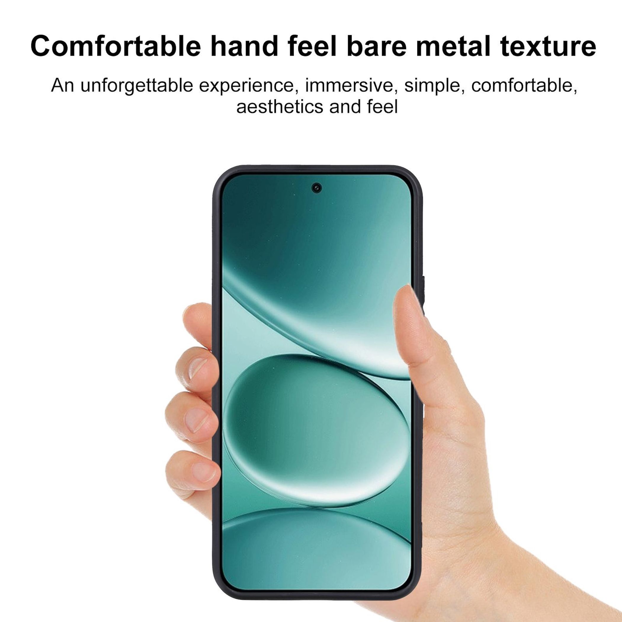 Eine Hand hält ein Smartphone. Der Bildschirm zeigt ein grünes abstraktes Design. Oben steht 'angenehmes Handgefühl'.