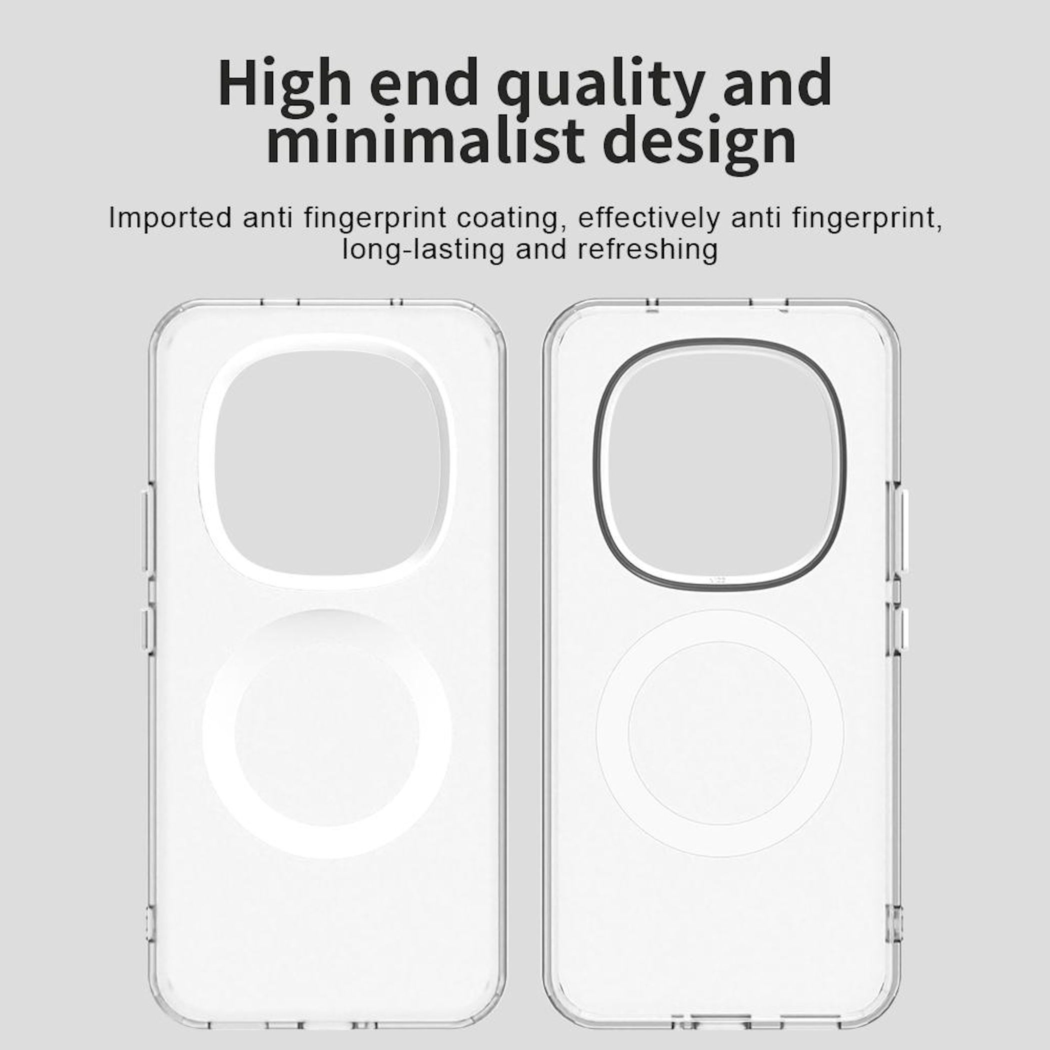 Zwei transparente Handyhüllen auf hellem Hintergrund. Text oben: 'Hochwertiges und minimalistisches Design'.
