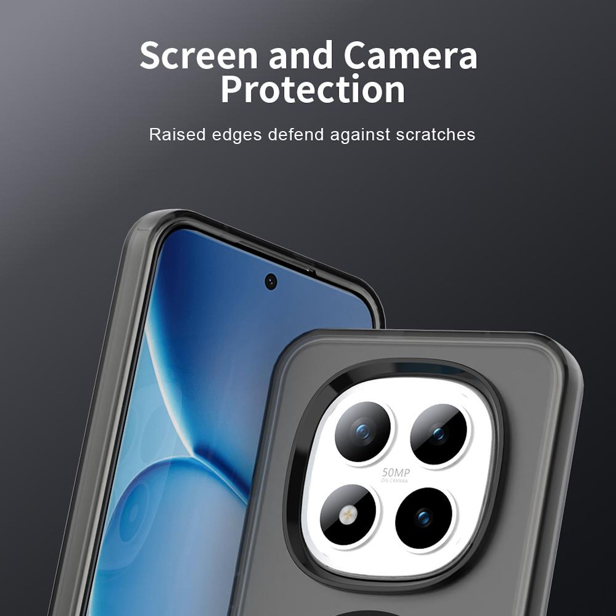 Funda para teléfono que protege la pantalla y la cámara. El teléfono es negro con pantalla azul. Los bordes elevados evitan arañazos.