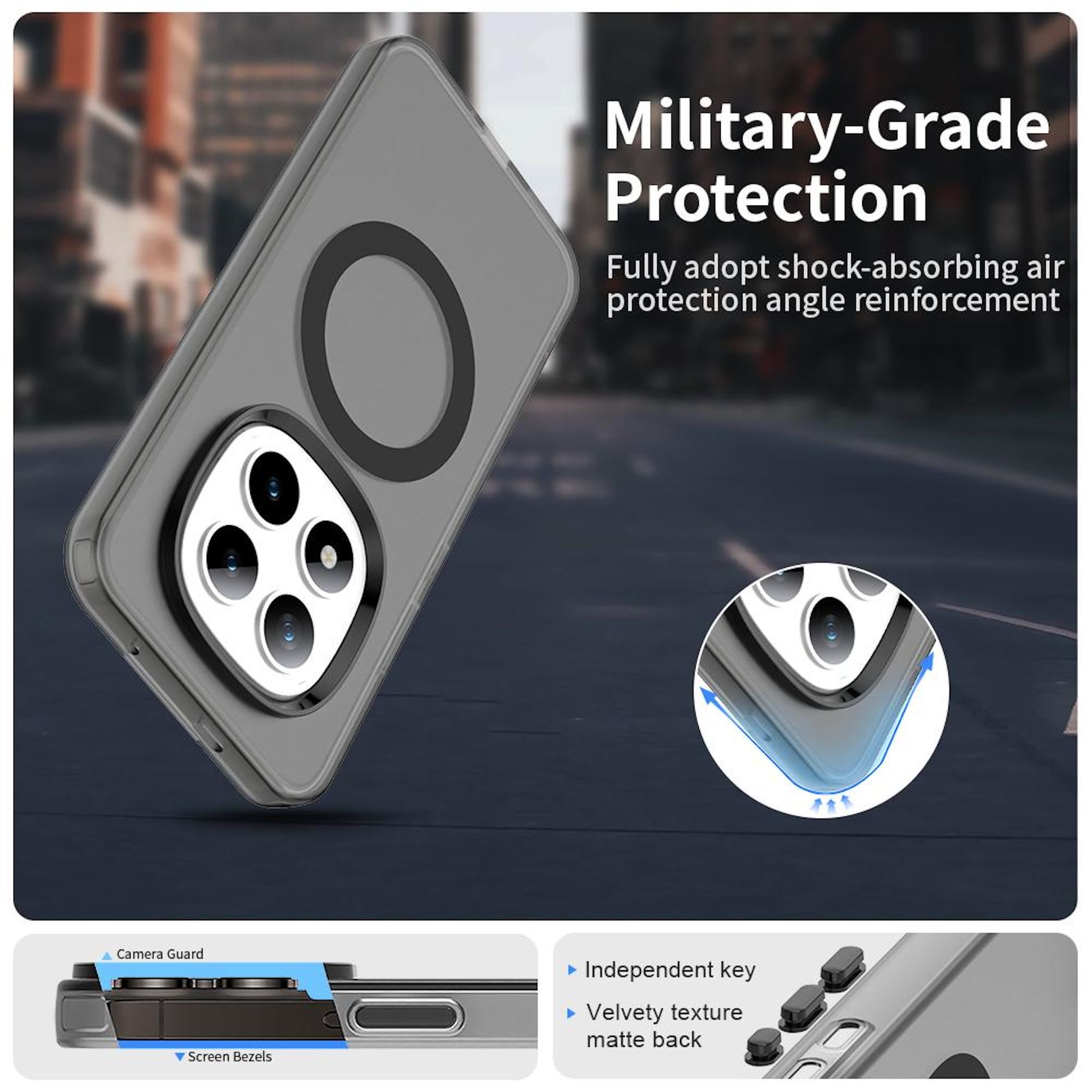 Funda transparente para teléfono con círculo negro. Sobre fondo oscuro. Texto: Protección de grado militar.