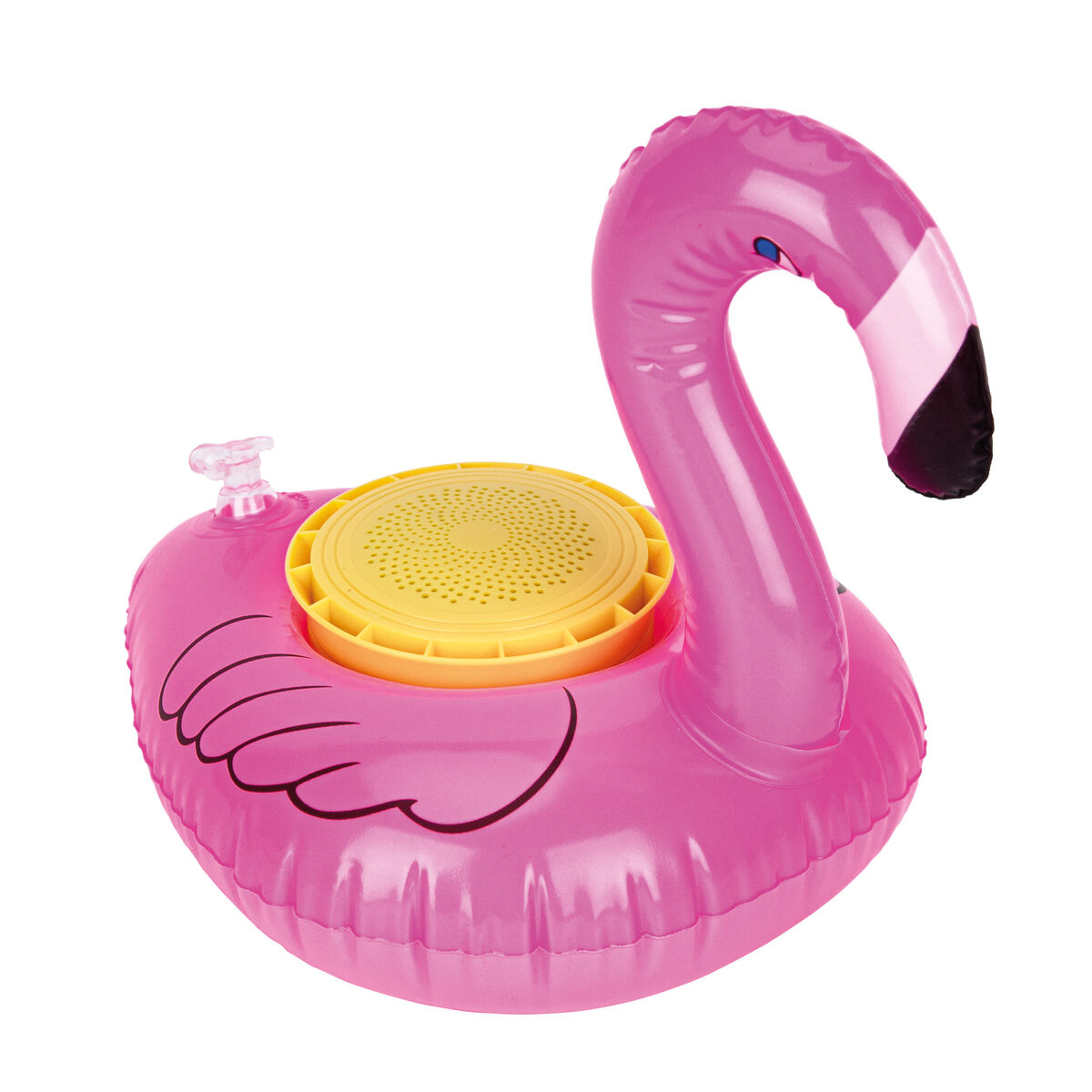 Un galleggiante gonfiabile a forma di fenicottero rosa con un portabicchieri giallo. Il fenicottero ha un becco nero e un collo bianco e rosa.